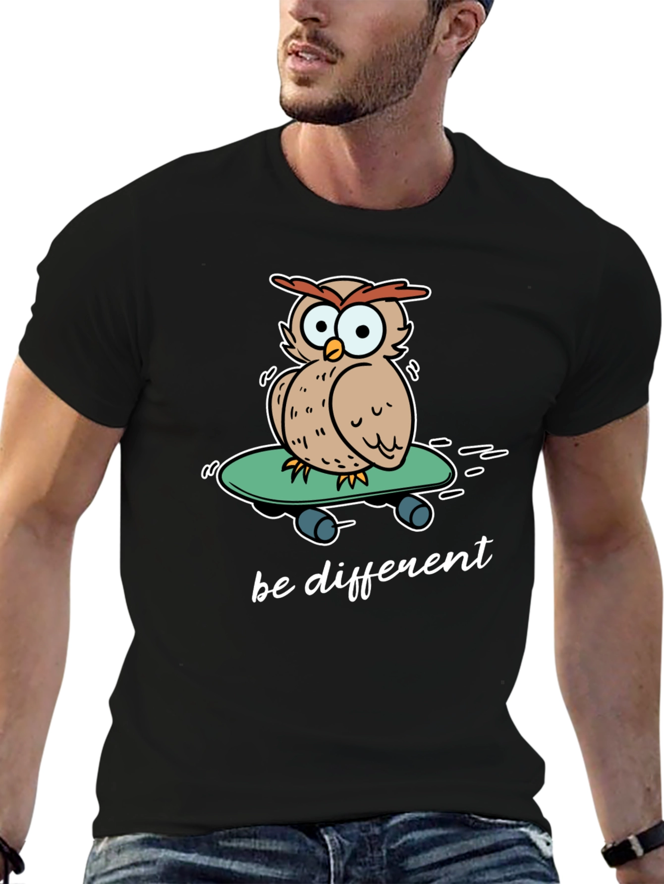Black Unique Owl Skateboard Graphic T-Shirt - Be Different! view 6