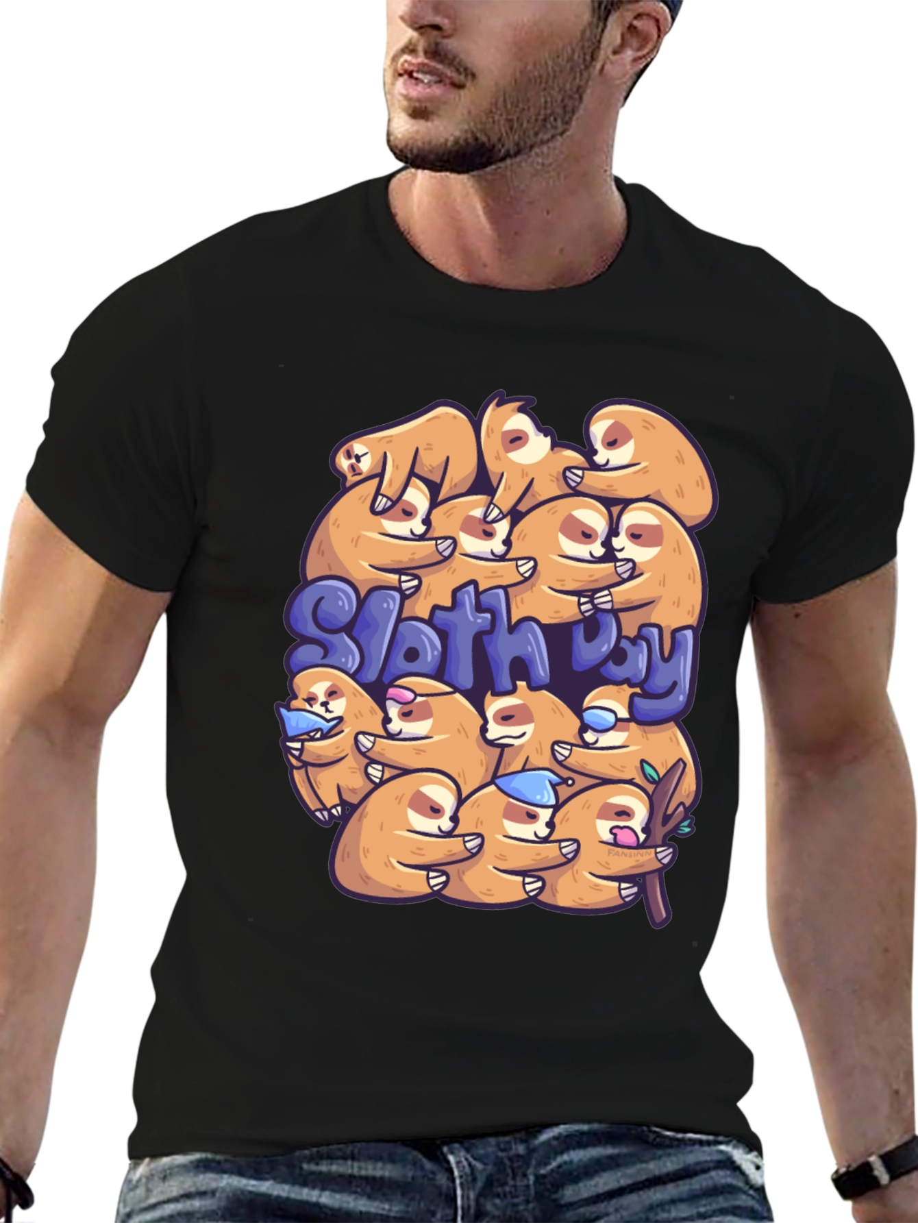 Black Cute Sloth Day T-Shirt view 6