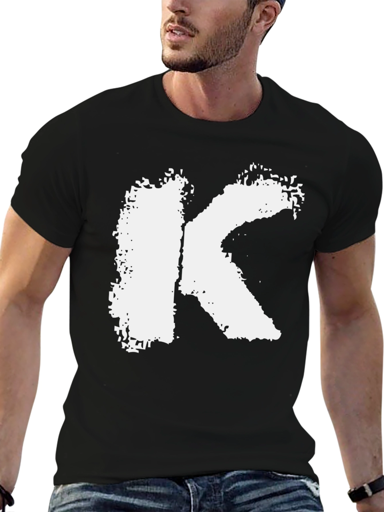 Black Bold White Letter K Graphic Black T-Shirt view 6