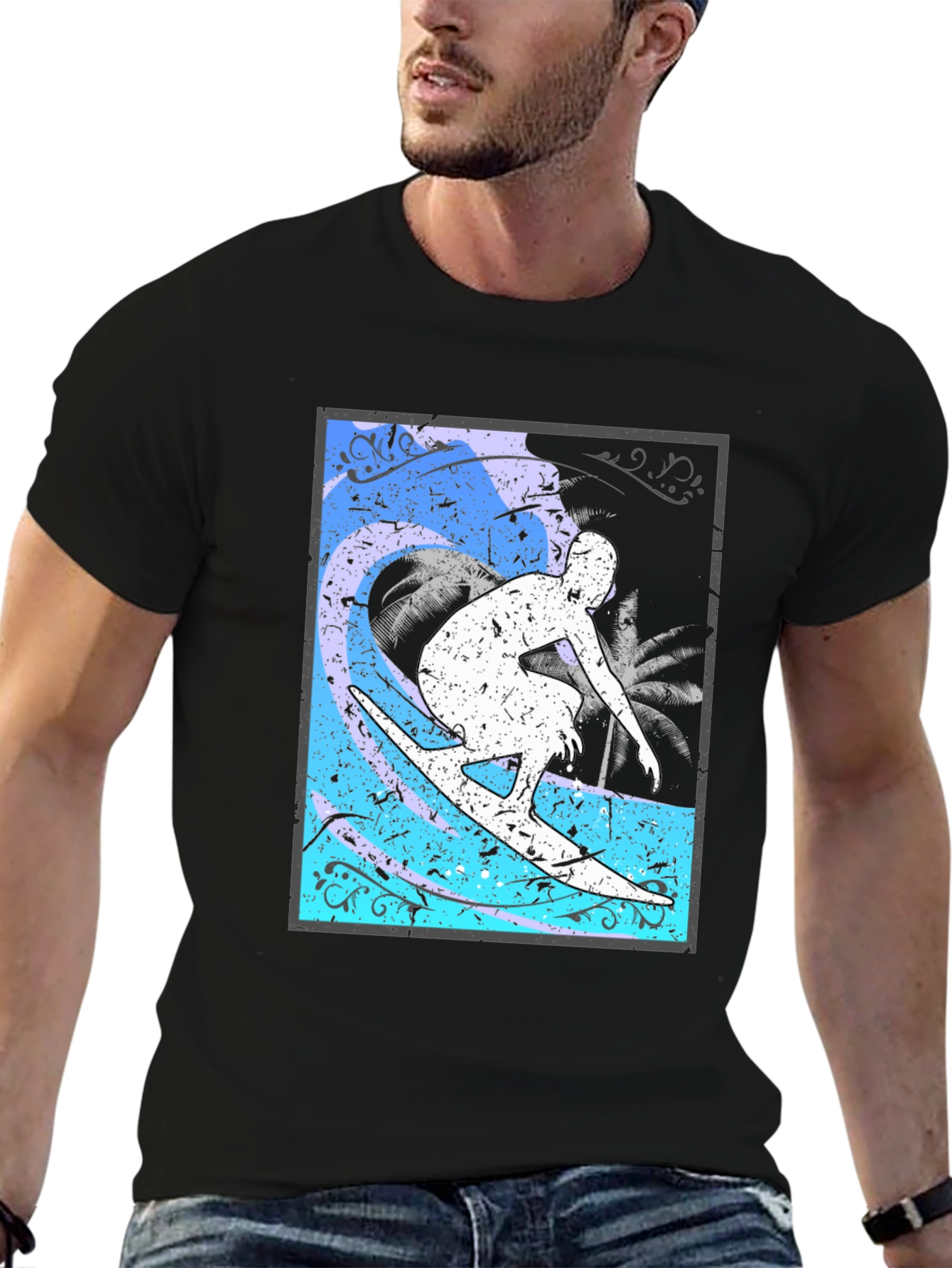 Black Surfer Graphic T-Shirt - Black Cotton Blend view 6