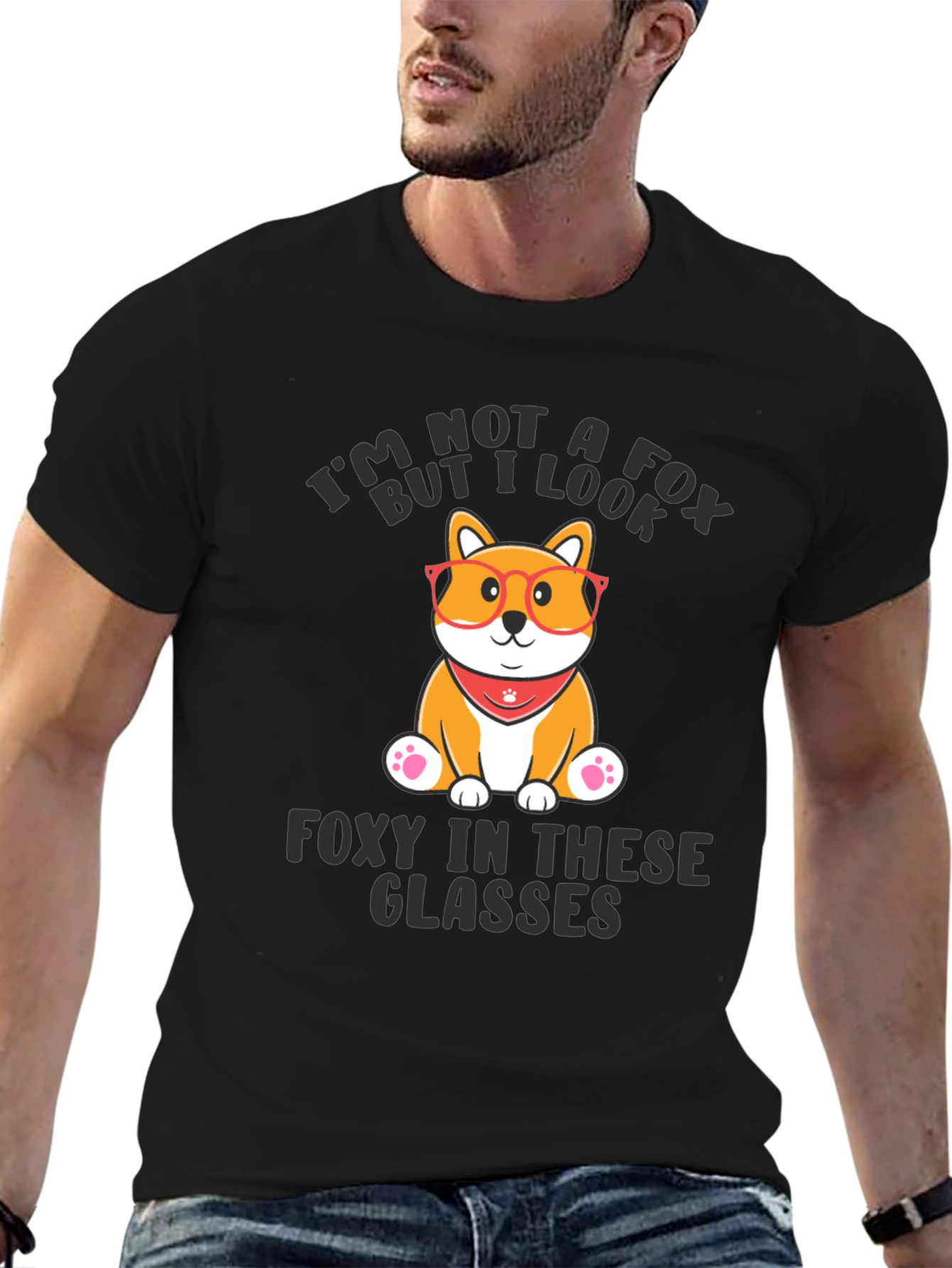 Black Funny Dog T-Shirt - Not a Fox Foxy in Glasses view 6