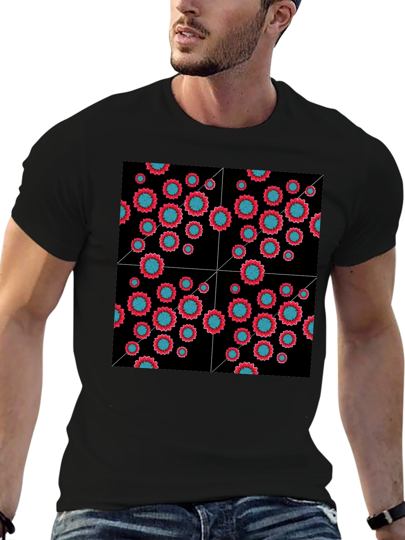 Black Floral Grid Black T-Shirt - Modern Geometric Style view 6