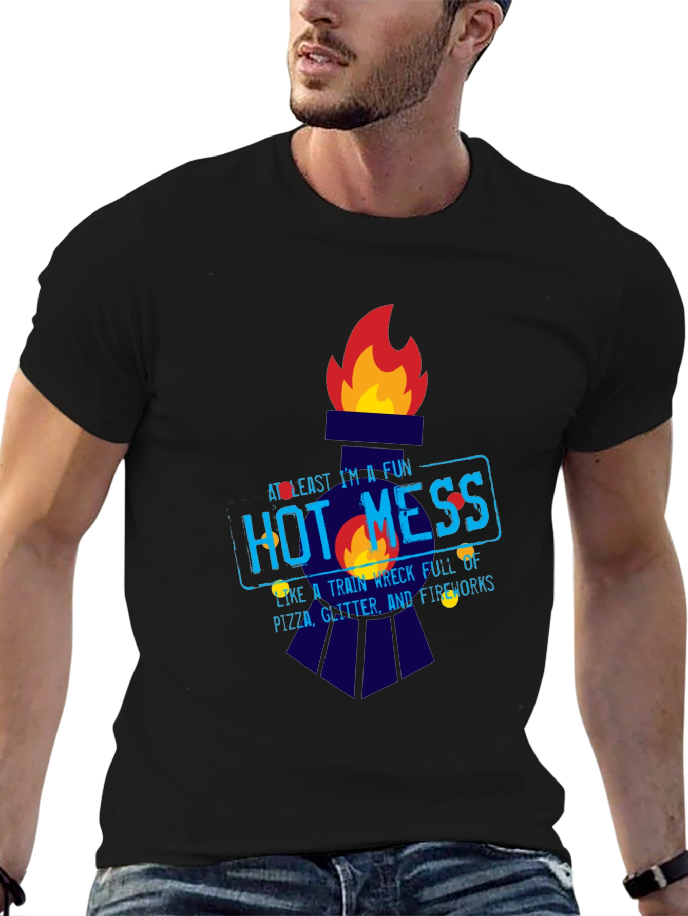 Black Fun Hot Mess Graphic Tee - Pizza Glitter Fireworks view 6
