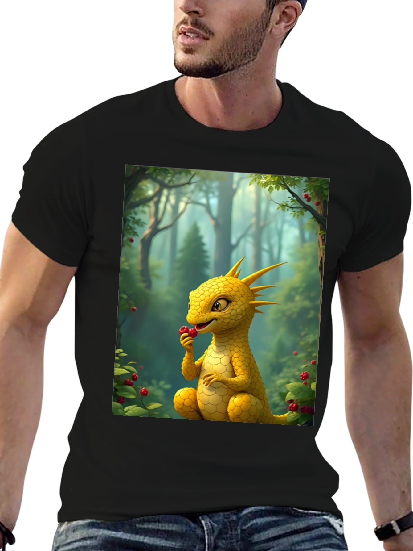 Black Cute Dragon Eating Berries Graphic Tee view 6
