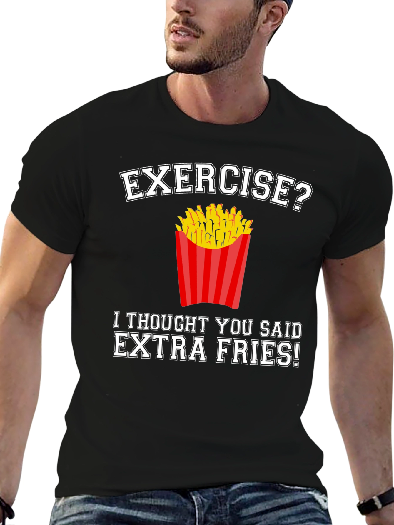 Black Exercise? Extra Fries! Funny Graphic T-Shirt view 6