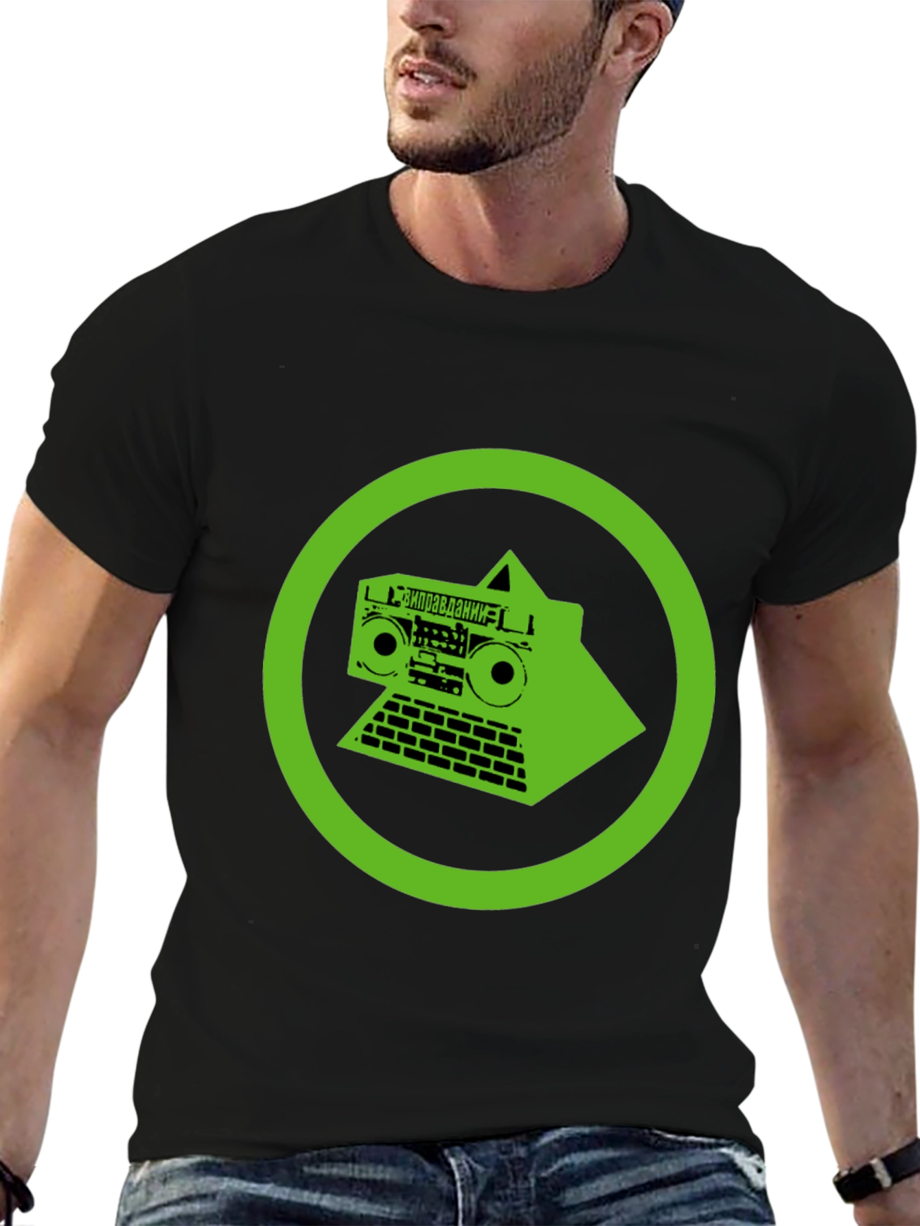 Black Green Circuit Boombox Black T-Shirt view 6
