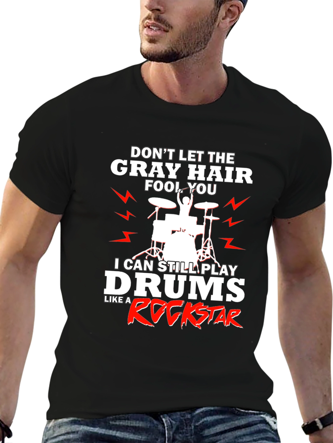 Black Funny Drummer T-Shirt - Gray Hair Rockstar view 6