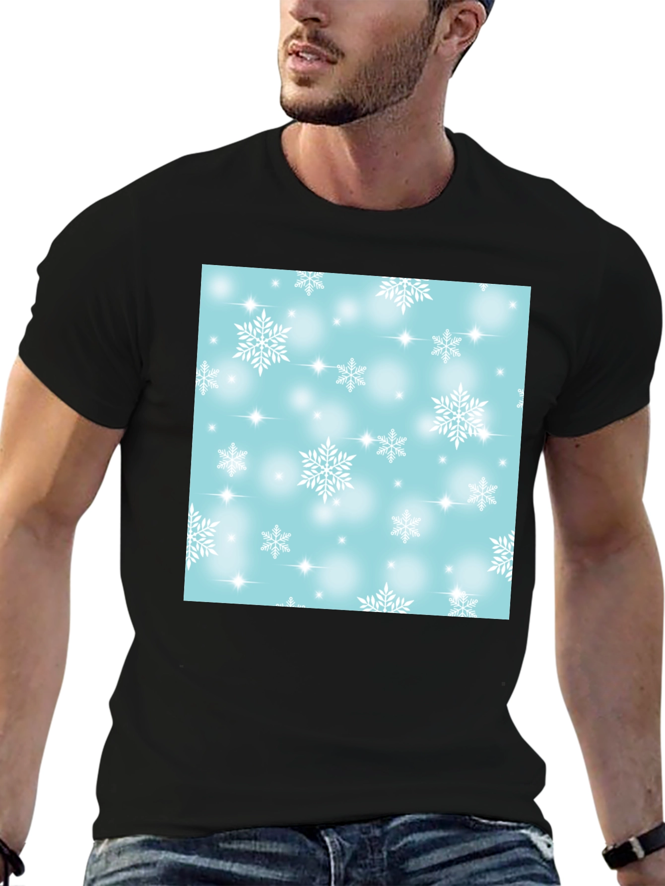 Black Snowflake Pattern T-Shirt - Winter Festive Tee view 6