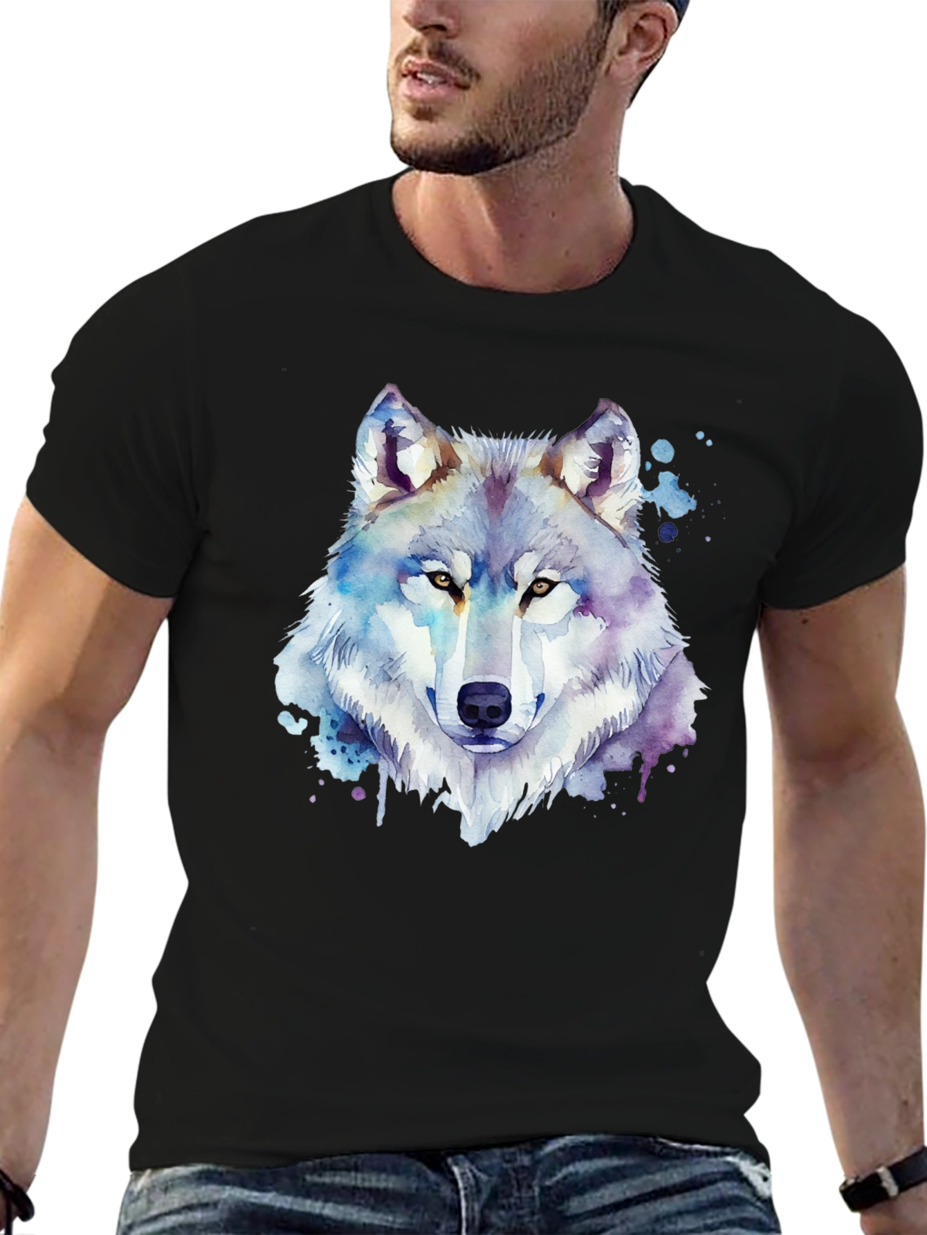 Black Watercolor Wolf Graphic Black T-Shirt view 6