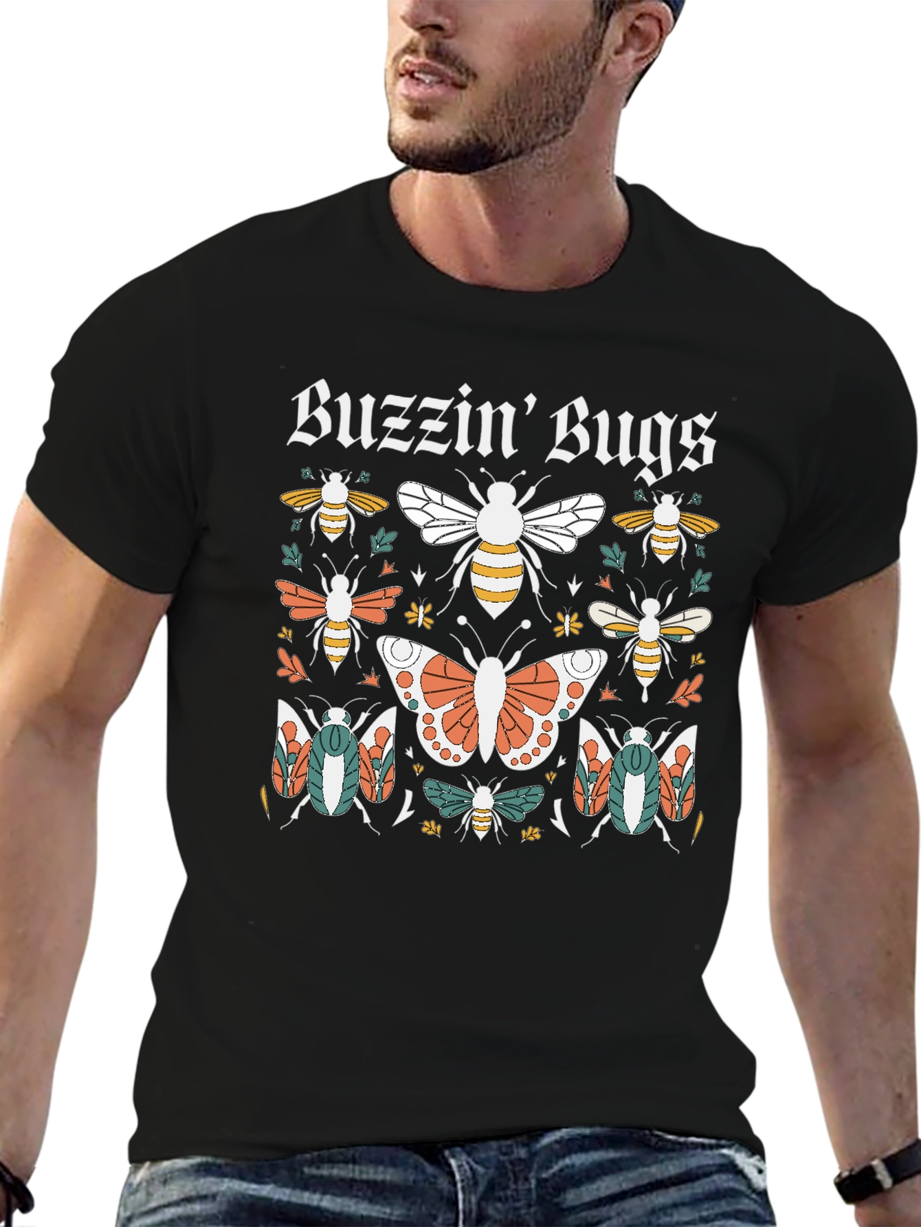 Black Buzzin' Bugs Graphic Tee - Black Cotton T-Shirt view 6