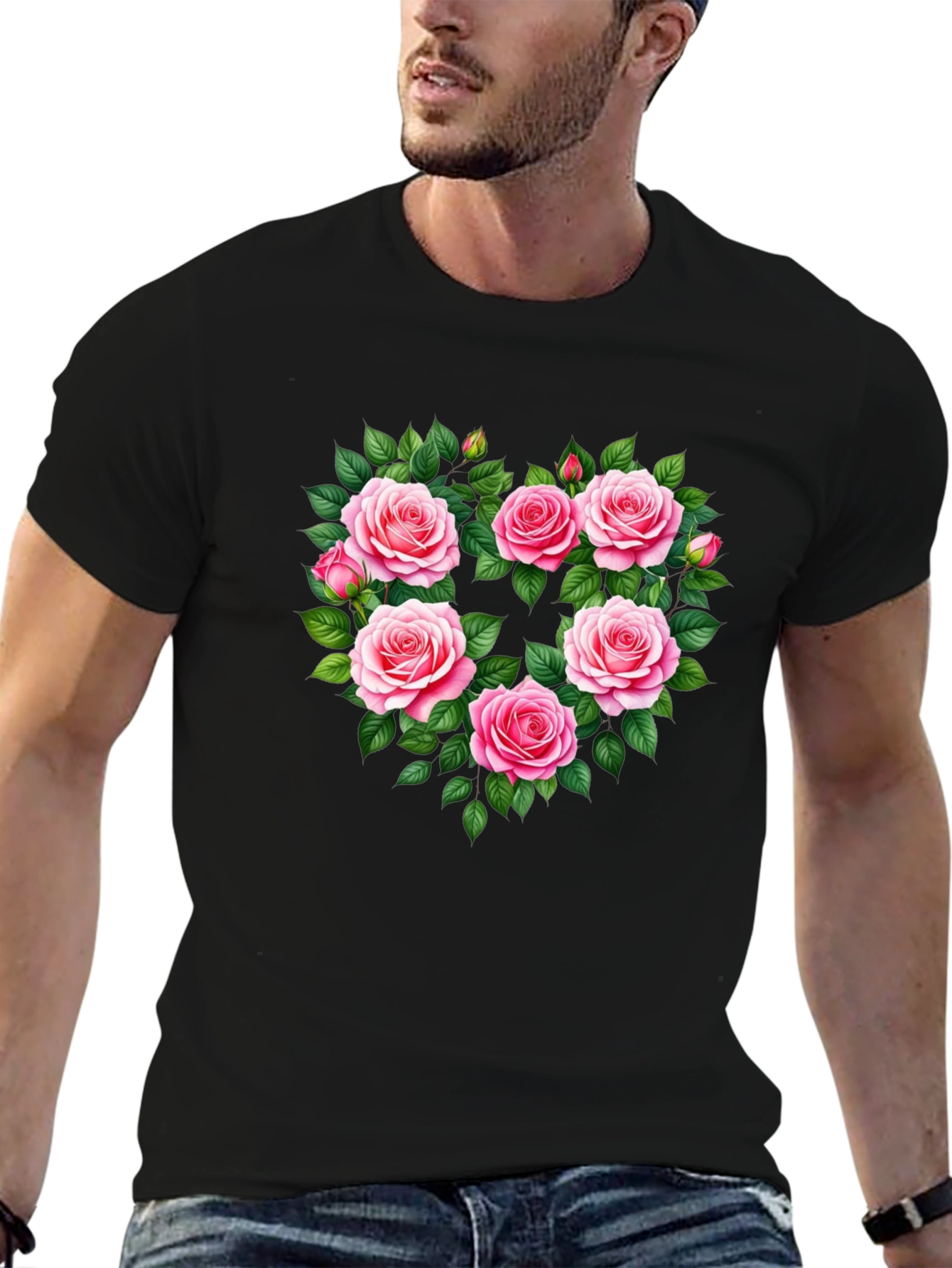 Black Floral Heart Graphic T-Shirt - Romantic Roses Tee view 6