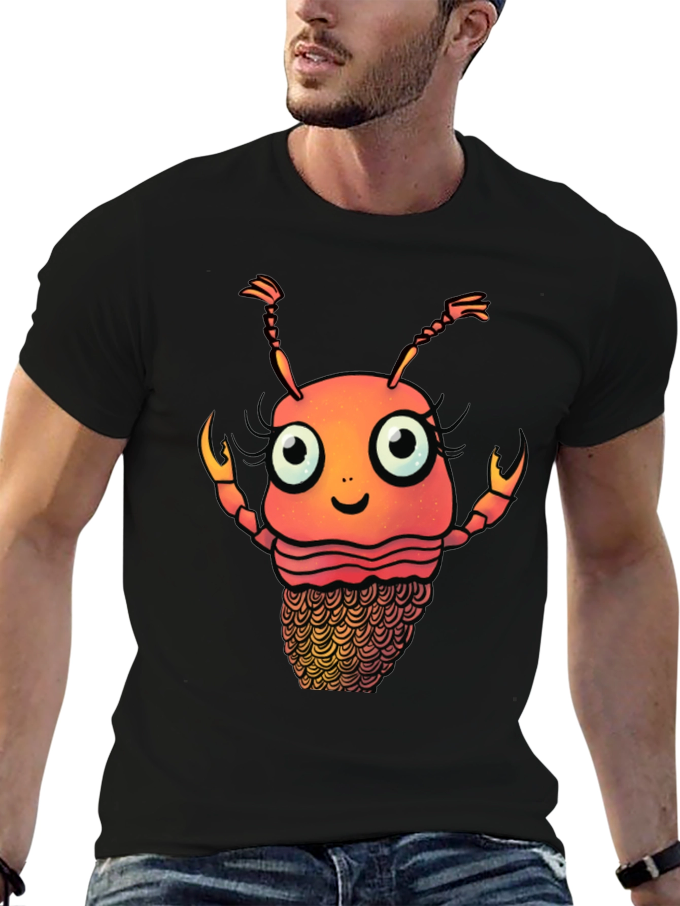 Black Funny Cartoon Lobster Graphic T-Shirt view 6