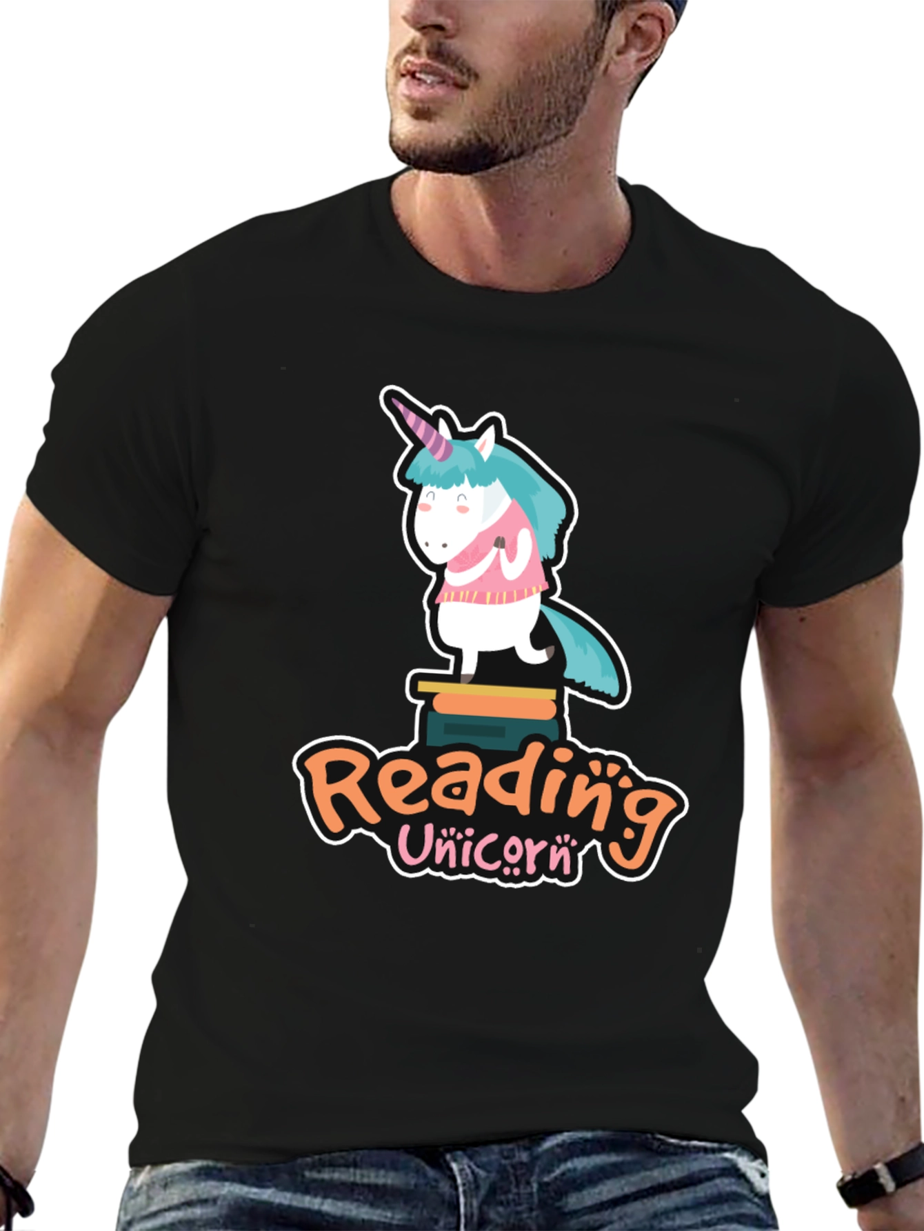 Black Reading Unicorn T-Shirt - Black Cotton Tee view 6