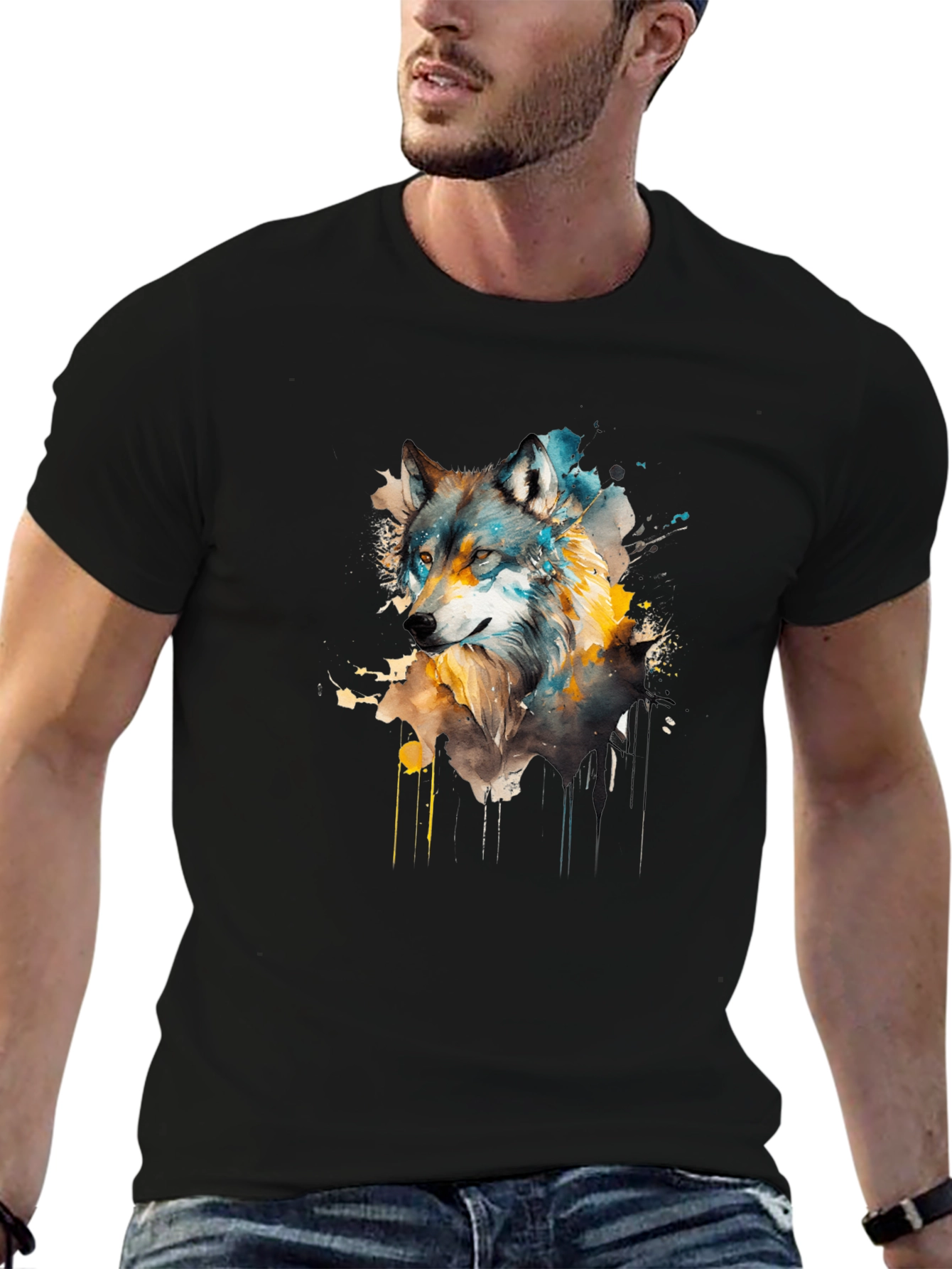 Black Watercolor Wolf Graphic Tee - Unisex Black T-Shirt view 6