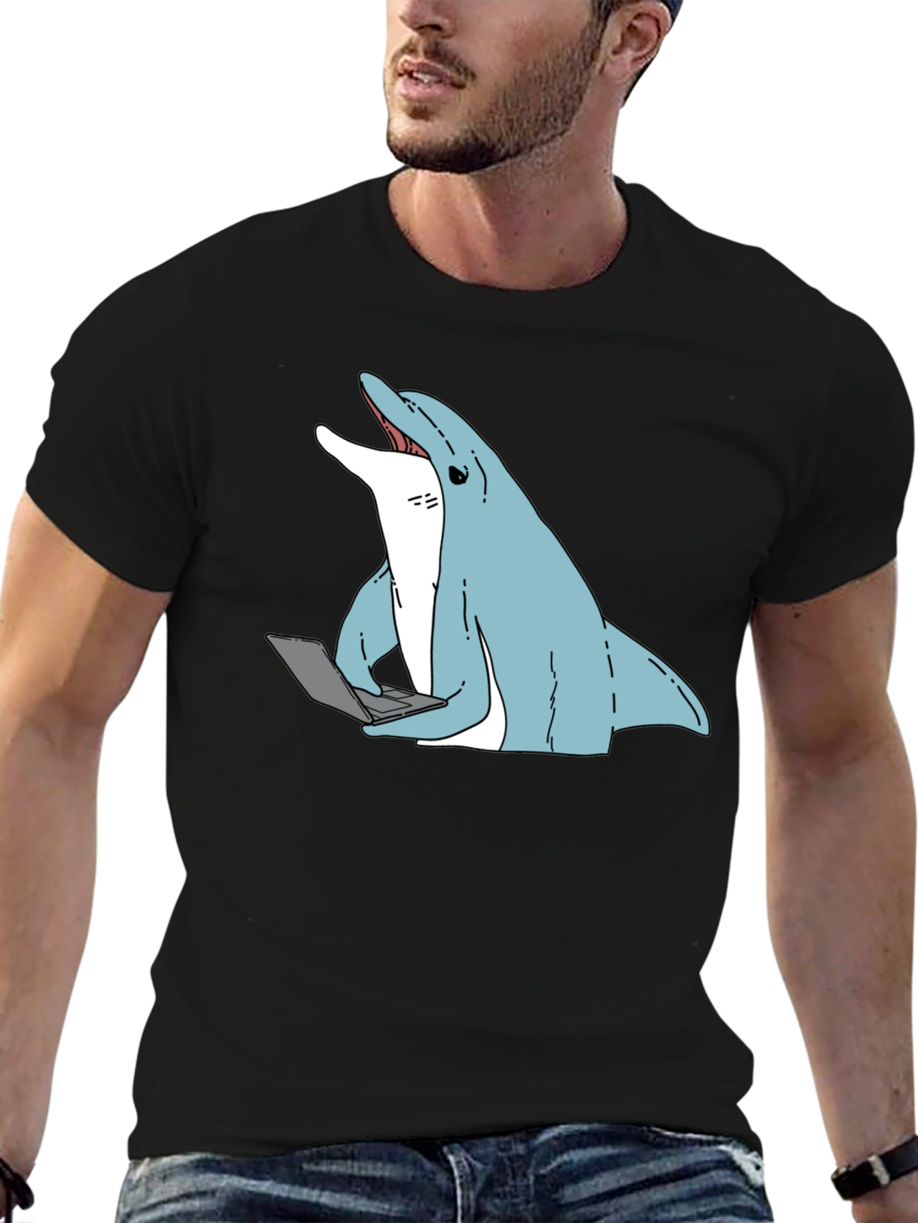 Black Dolphin Laptop Tee - Casual Cotton Blend T-Shirt view 6