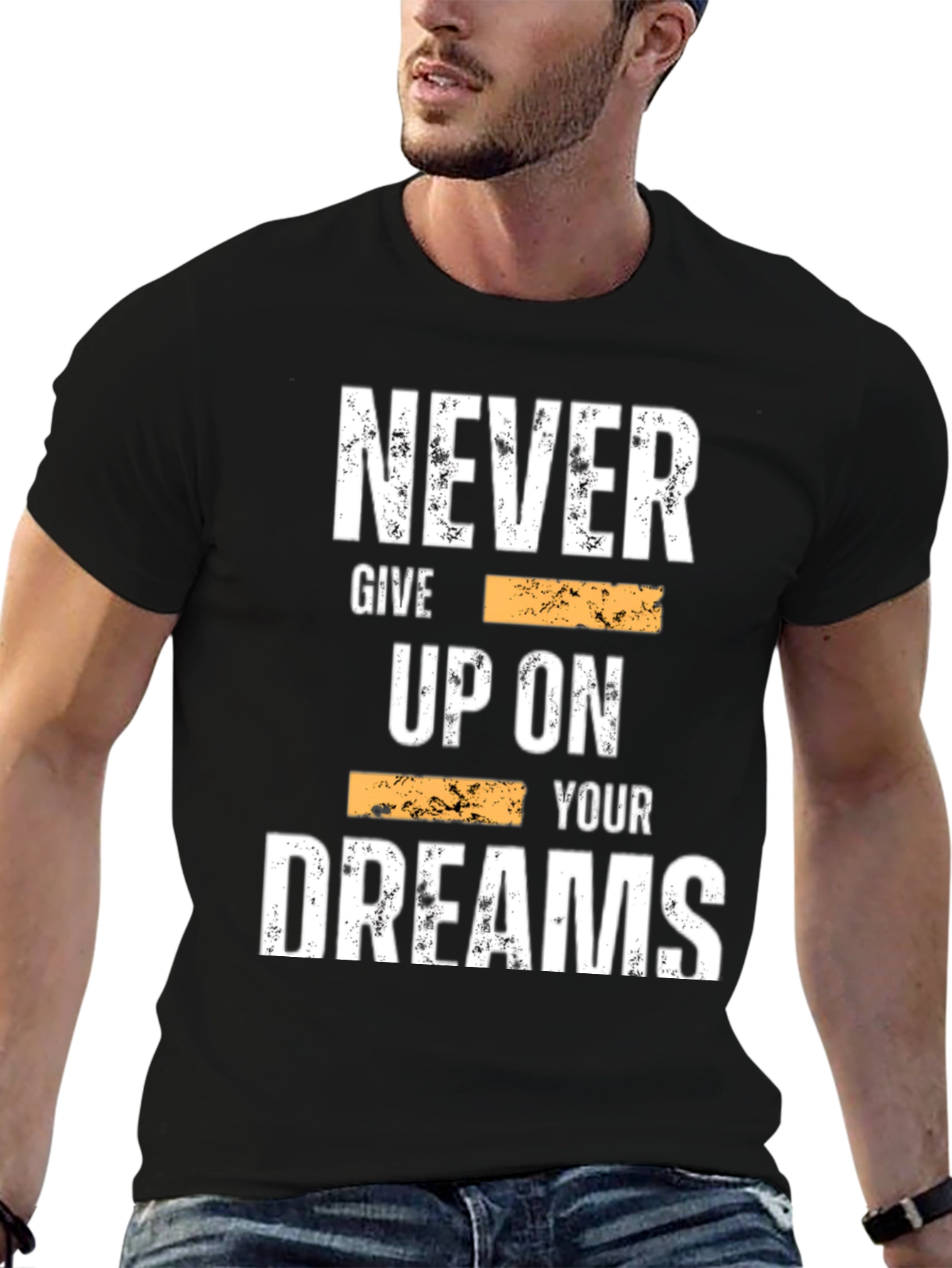Black Inspirational Graphic Tee: Never Give Up On Your Dreams view 6