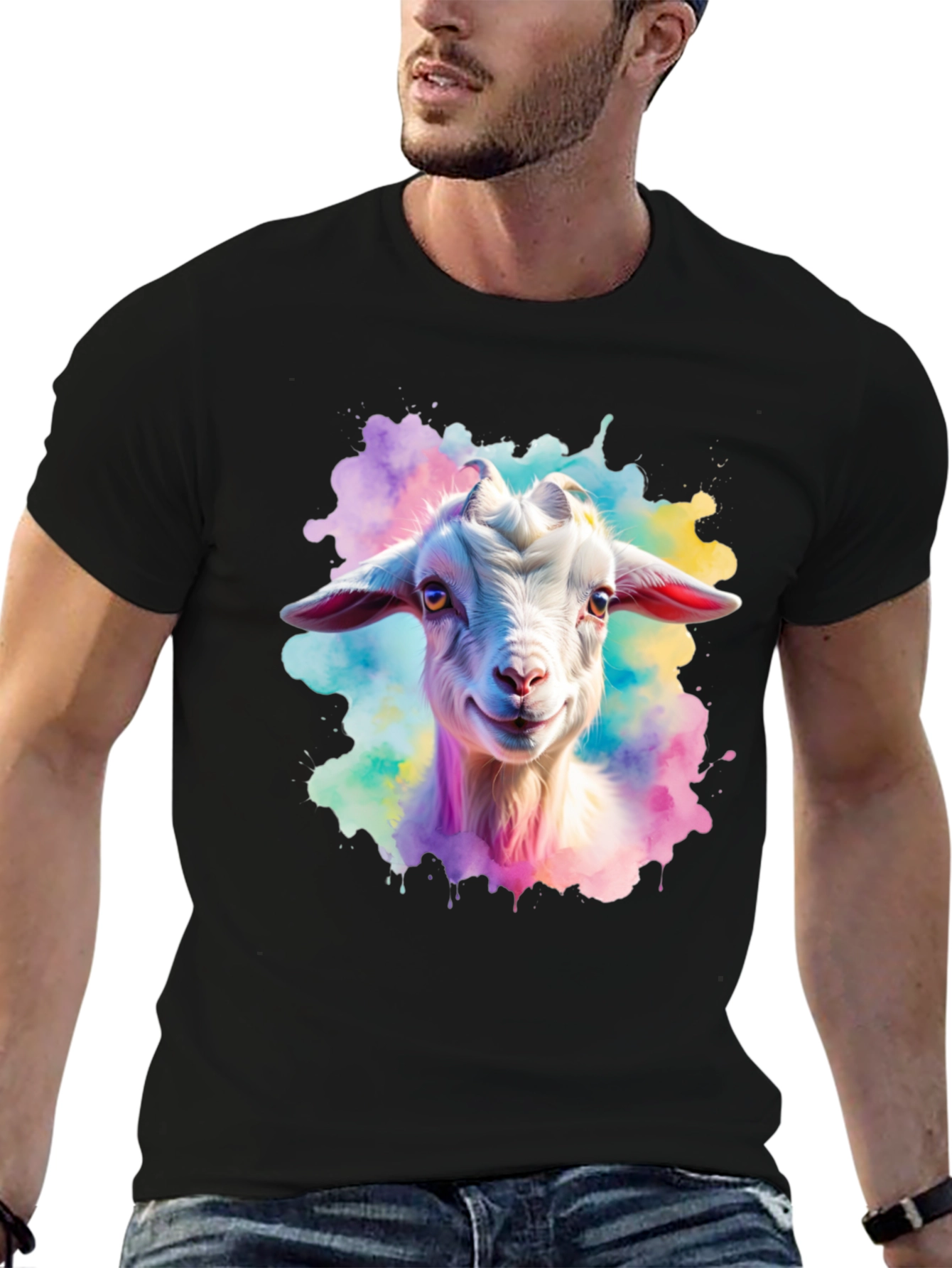 Black Goat Watercolor Graphic Print Black T-Shirt view 6