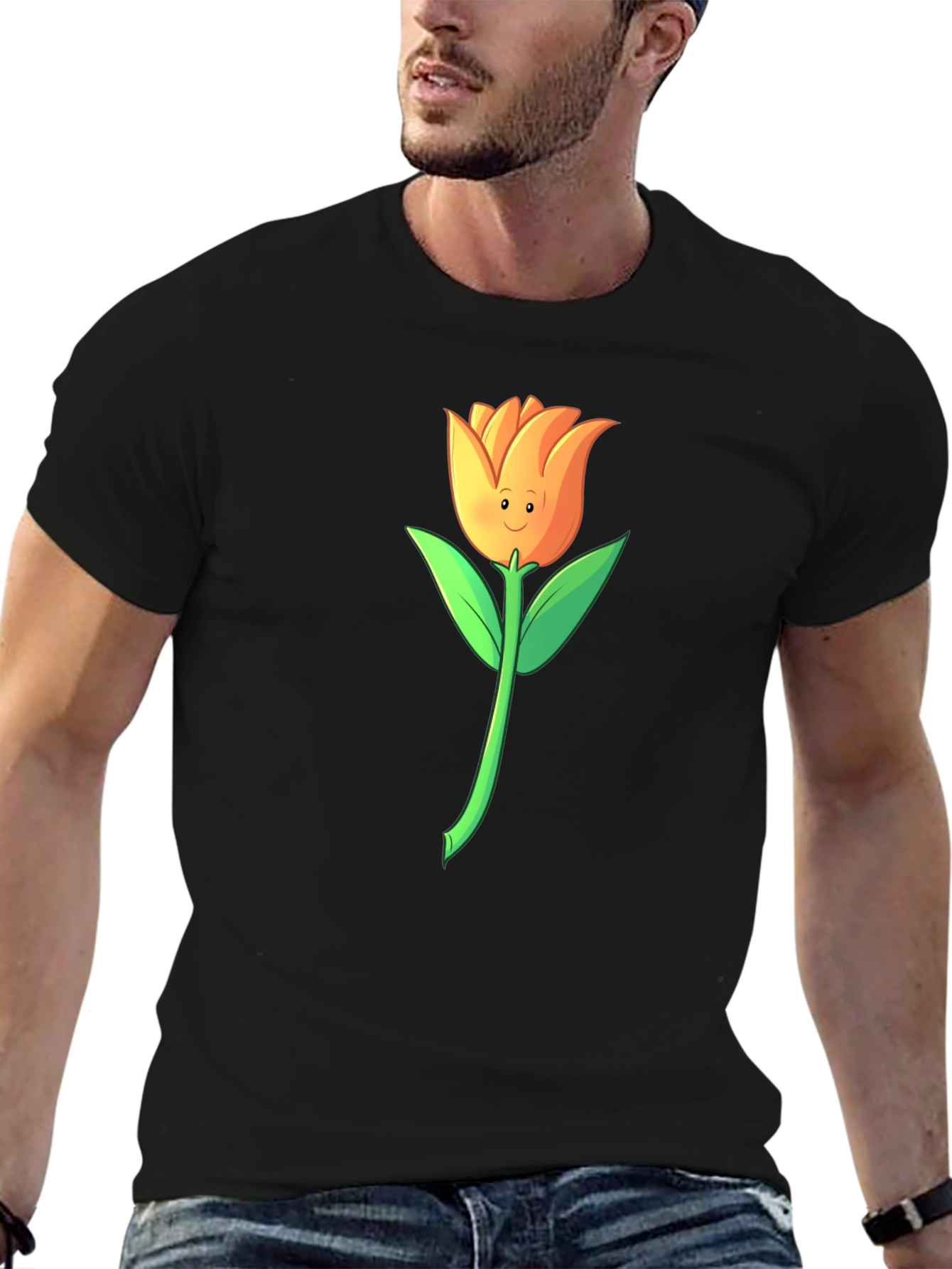 Black Whimsical Tulip Graphic Black T-Shirt view 6