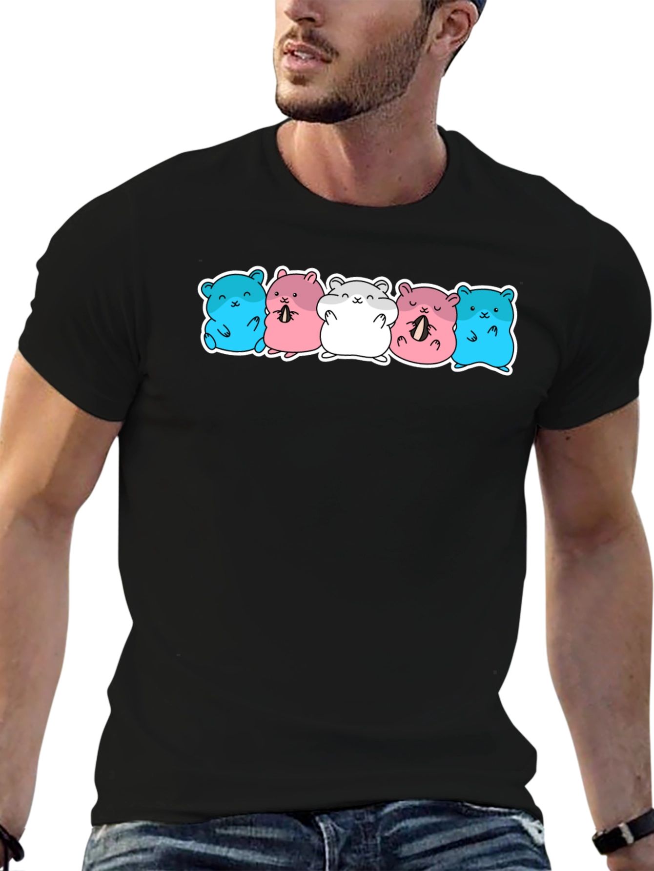 Black Cute Hamster Pattern Black T-Shirt view 6