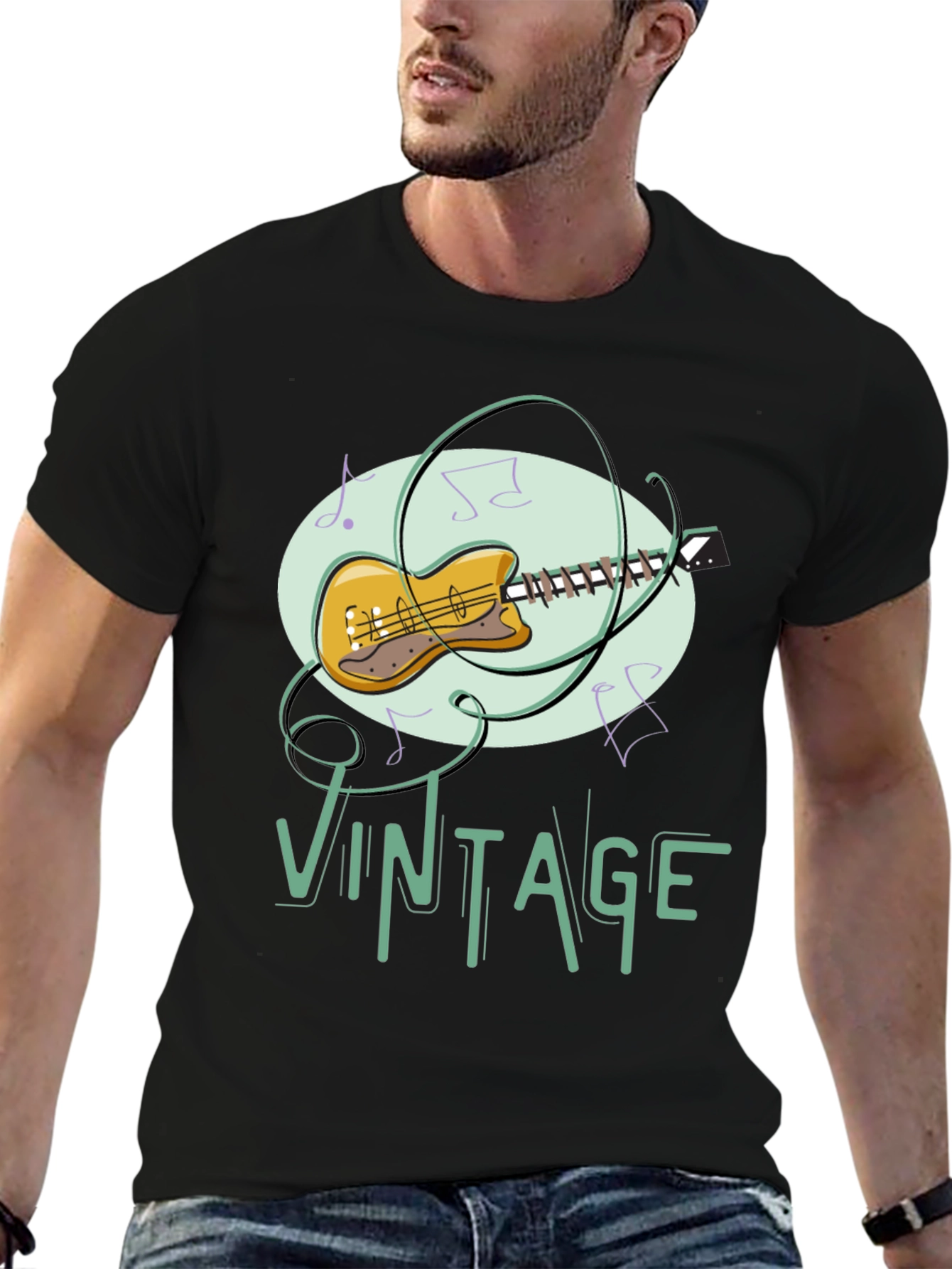 Black Vintage Guitar Music T-Shirt view 6