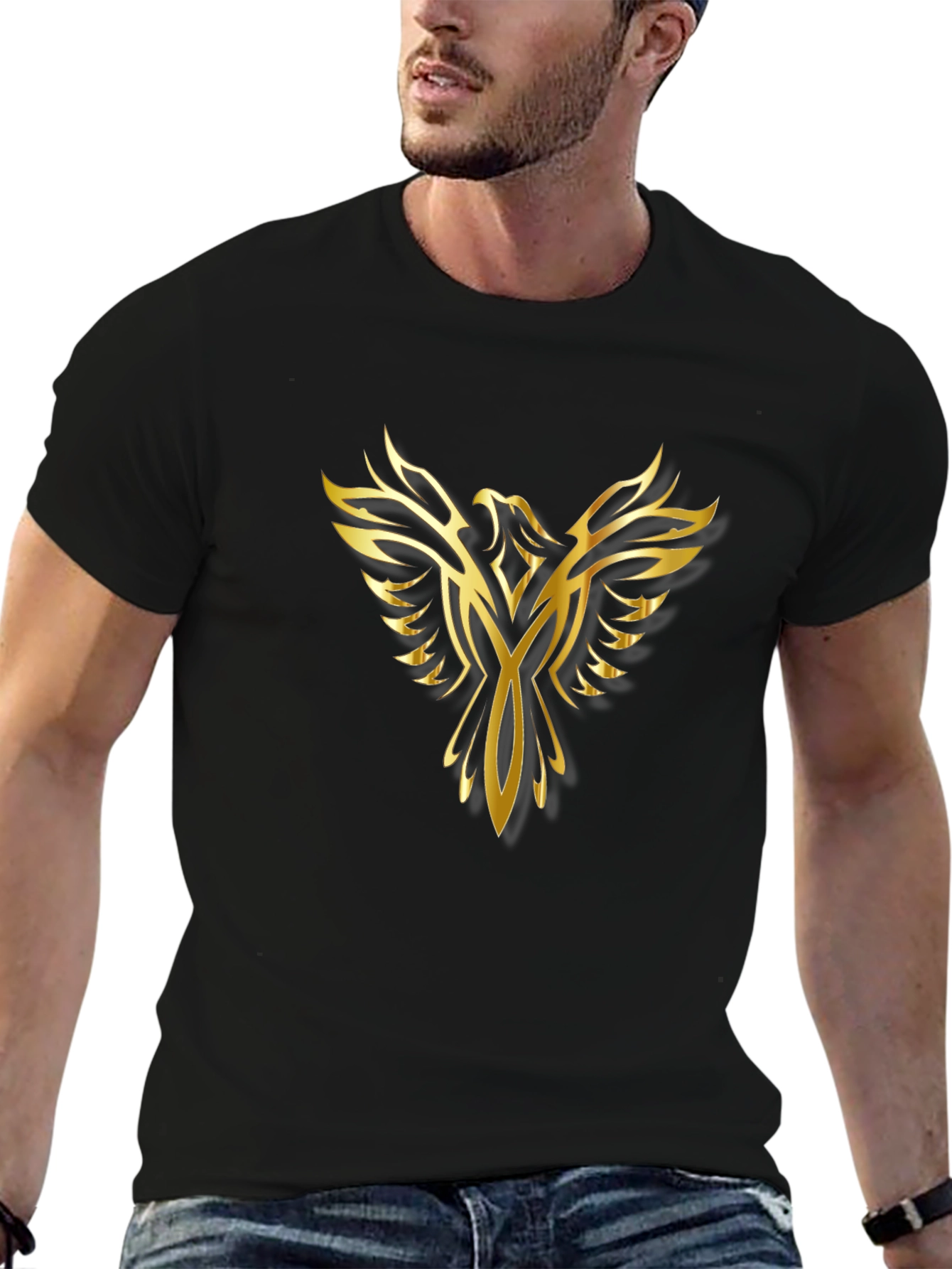 Black Golden Phoenix Graphic Print Black T-Shirt view 6