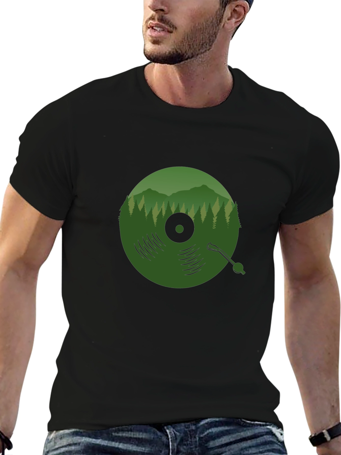 Black Green Vinyl Record Forest T-Shirt view 6