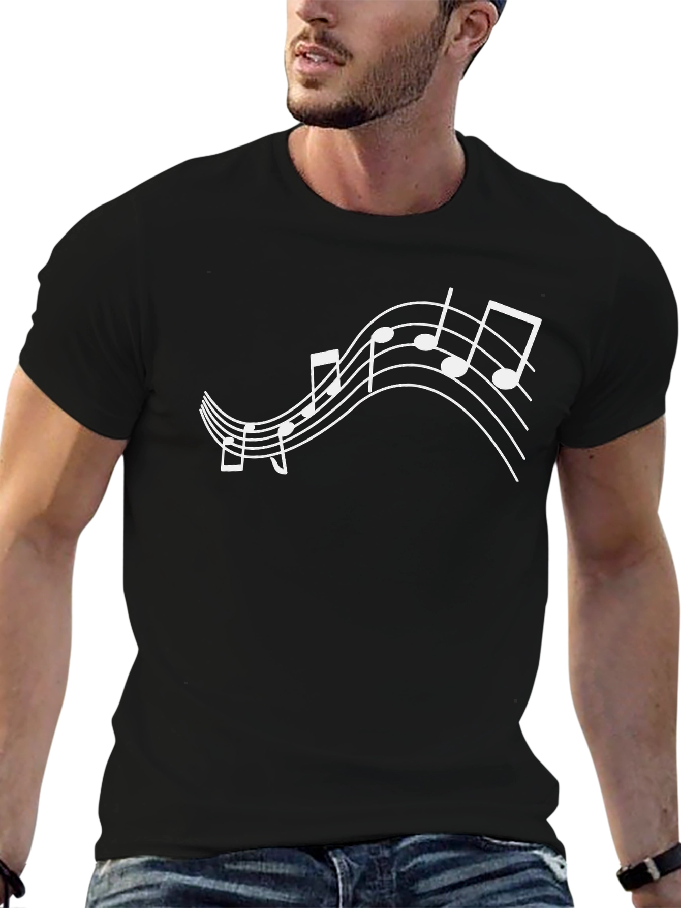 Black Musical Notes Graphic Tee - Black Cotton T-Shirt view 6