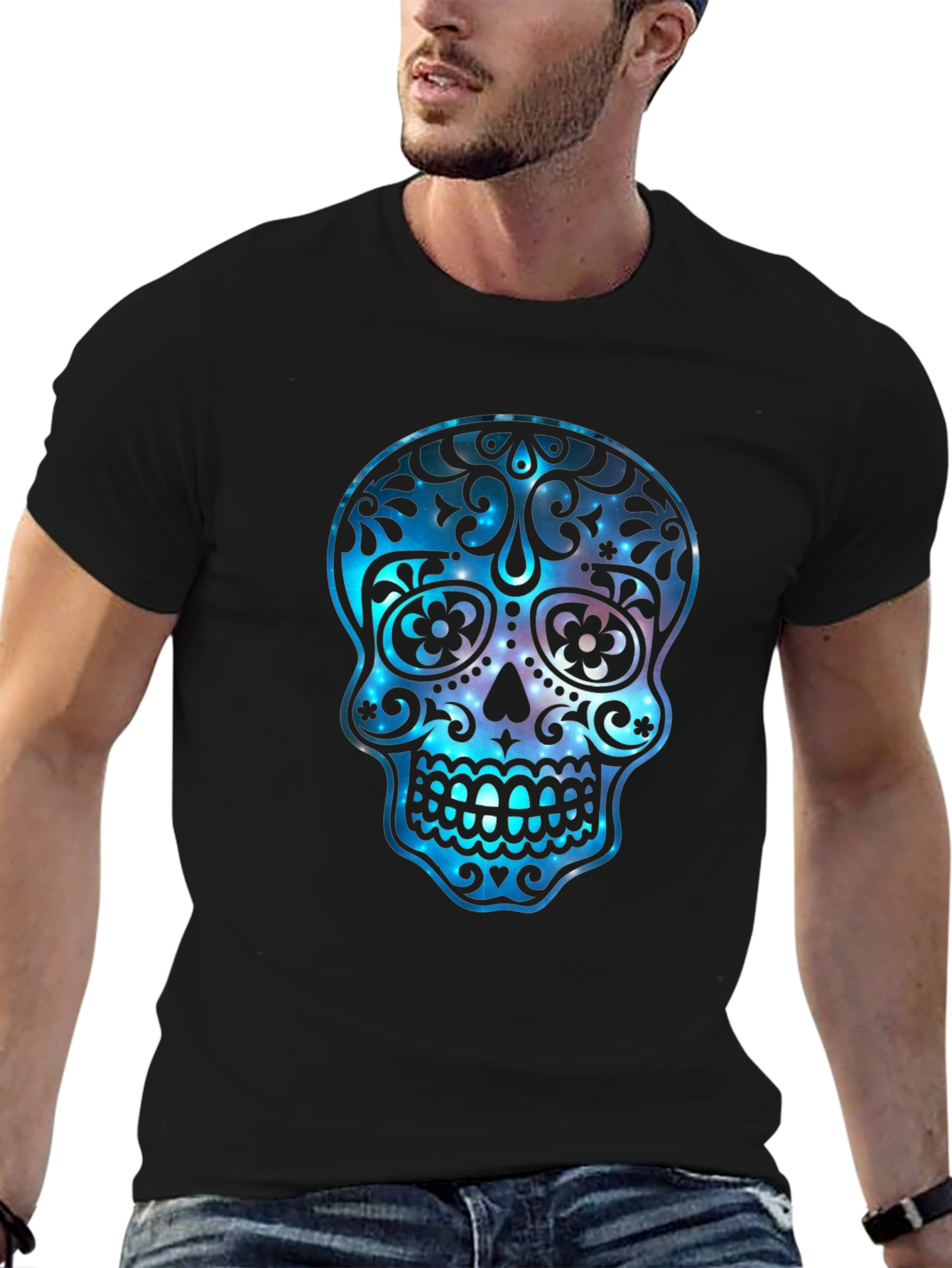 Black Sugar Skull Galaxy Graphic T-Shirt view 6