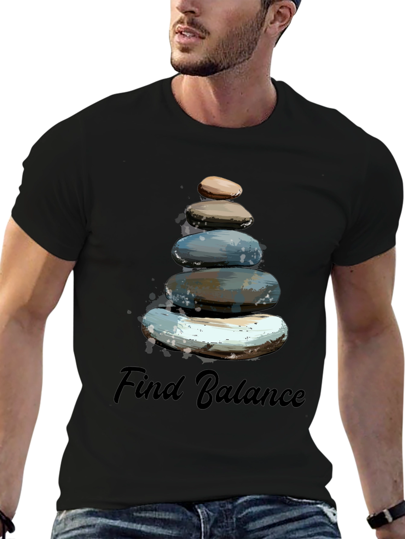 Black Find Balance Stone Stack Men's T-Shirt view 6