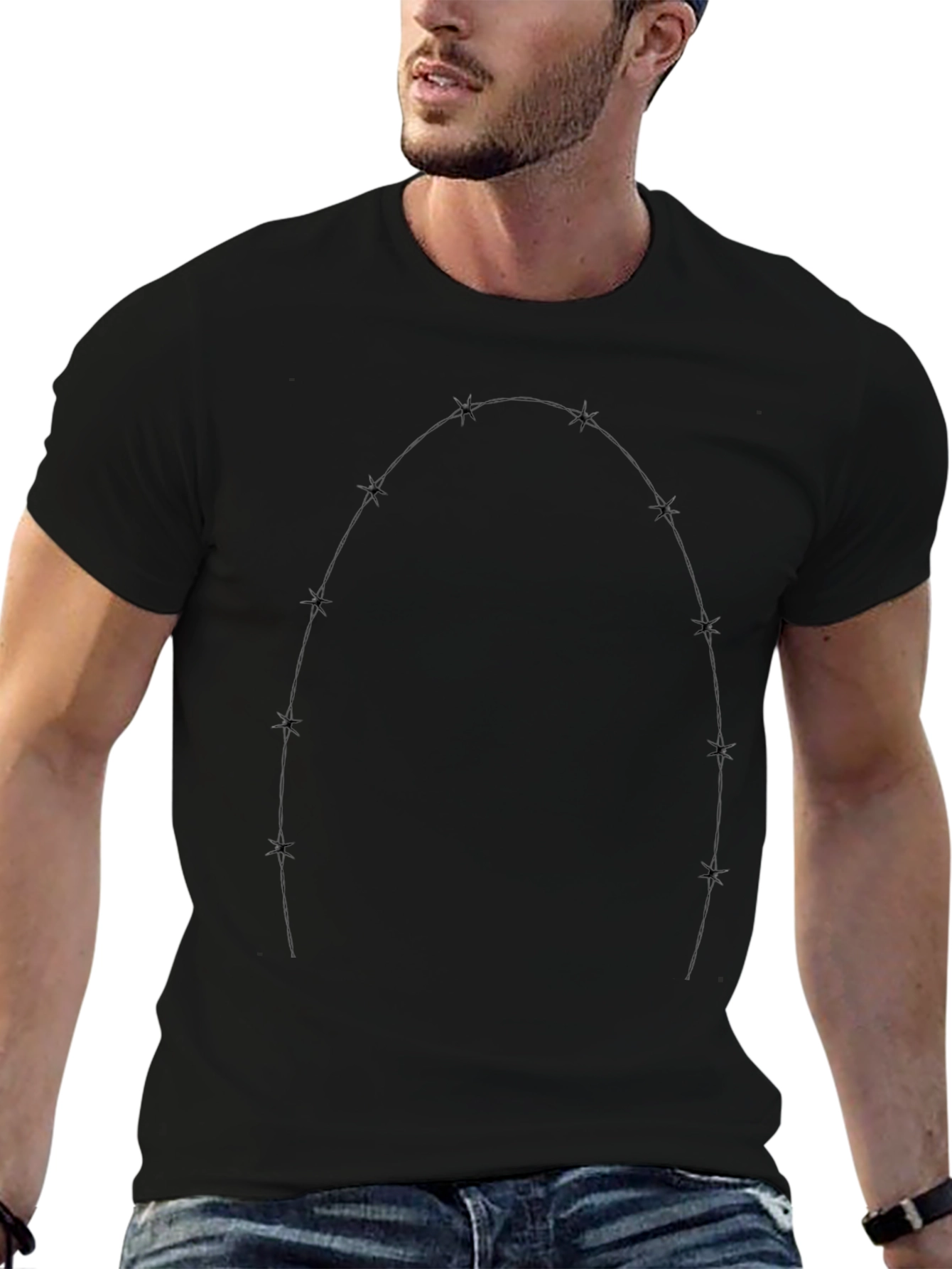 Black Men's Black Graphic Tee - Barbed Wire Design view 6