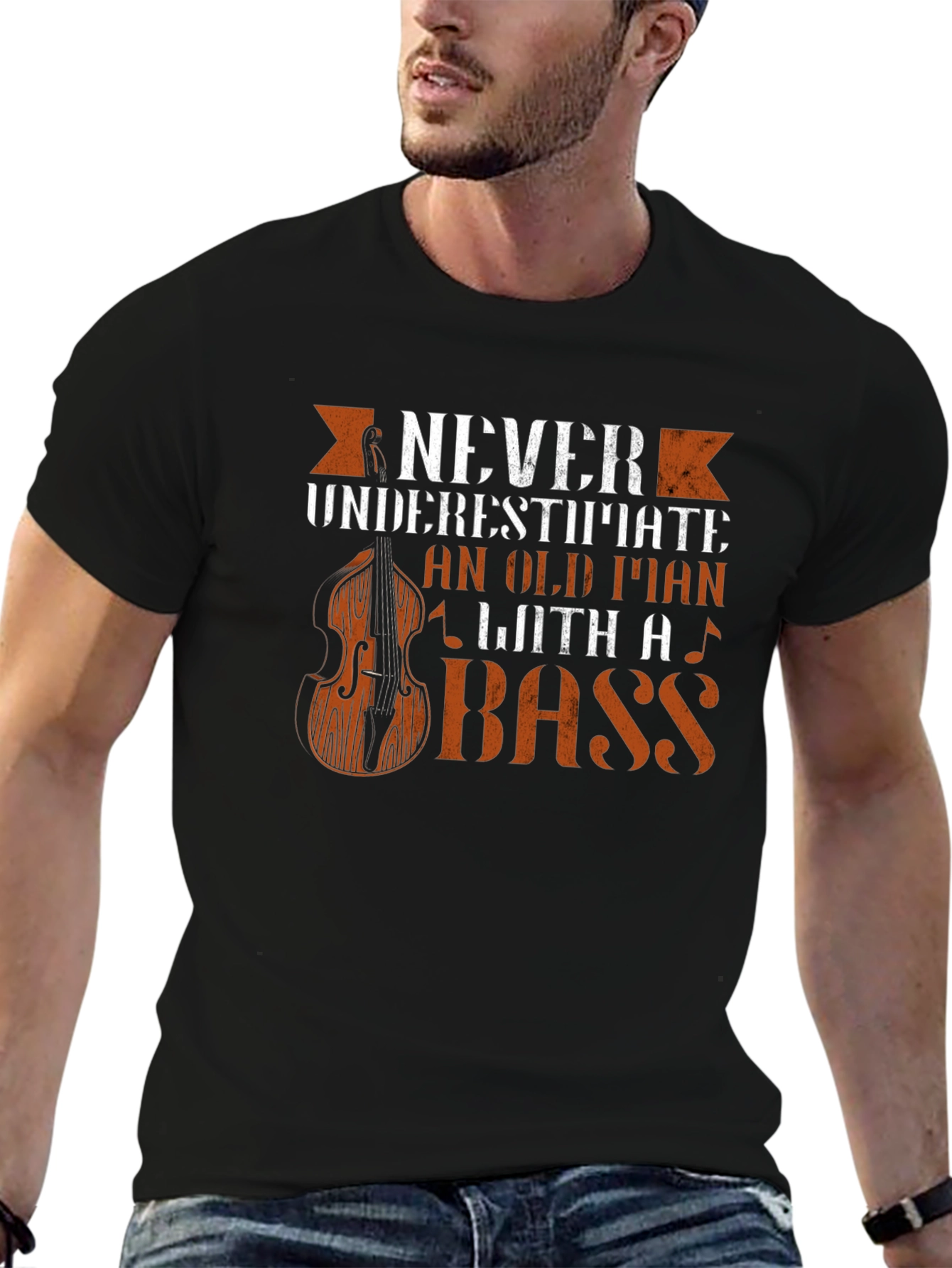 Black Never Underestimate Old Man Bass Guitar T-Shirt view 6