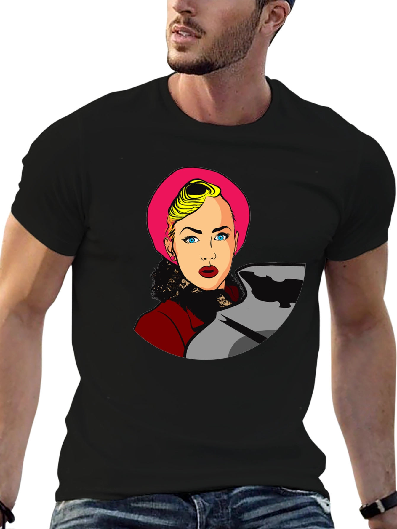 Black Pop Art Woman Graphic Black T-Shirt view 6