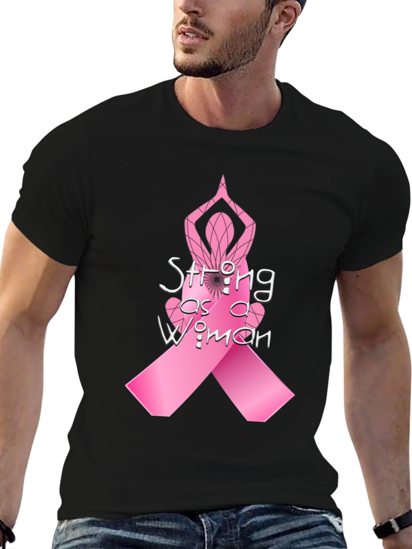 Black Strong as a Woman Breast Cancer Awareness T-Shirt view 6