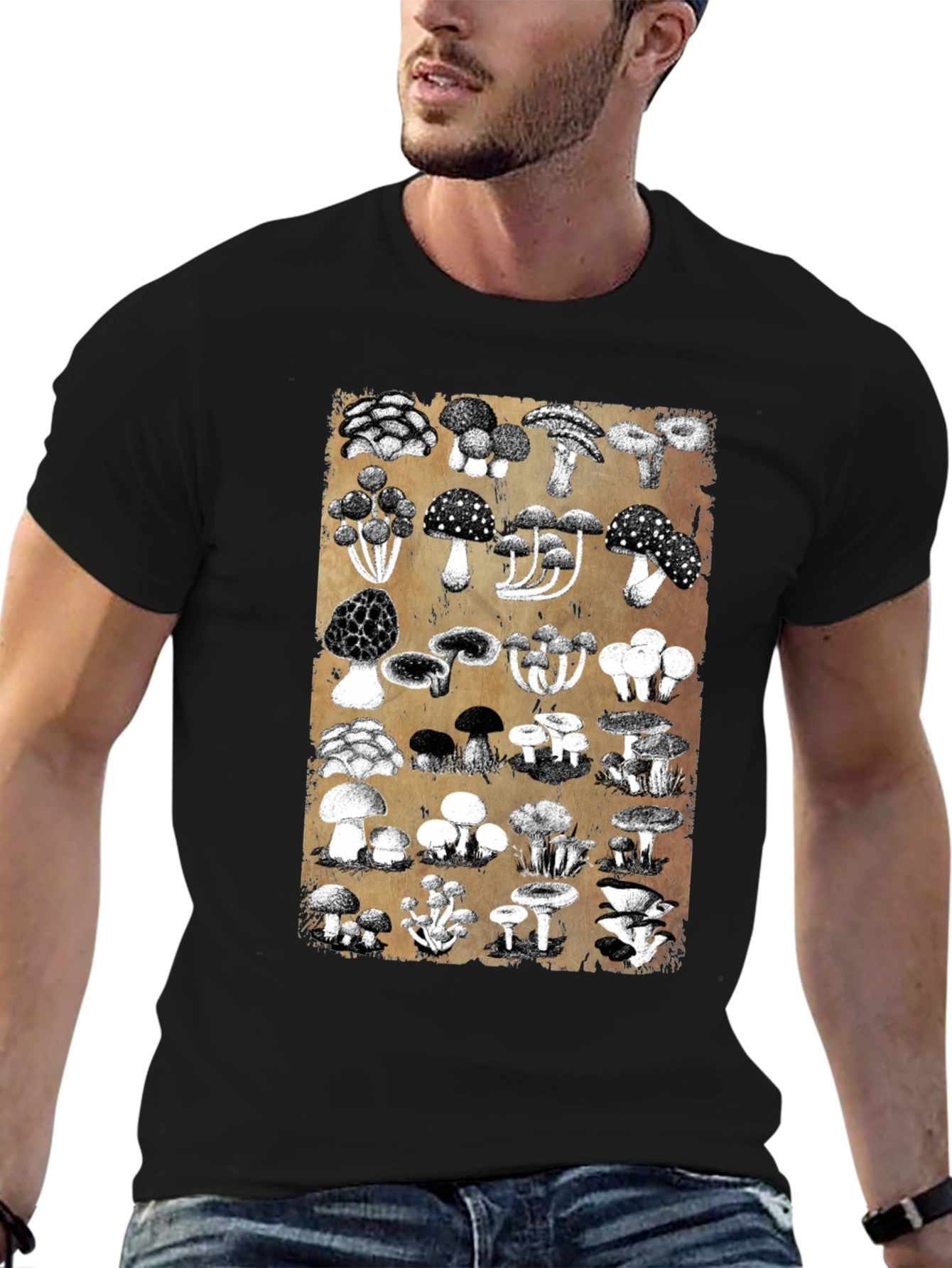 Black Mushroom Print Black T-Shirt - Nature Lover's Tee view 6
