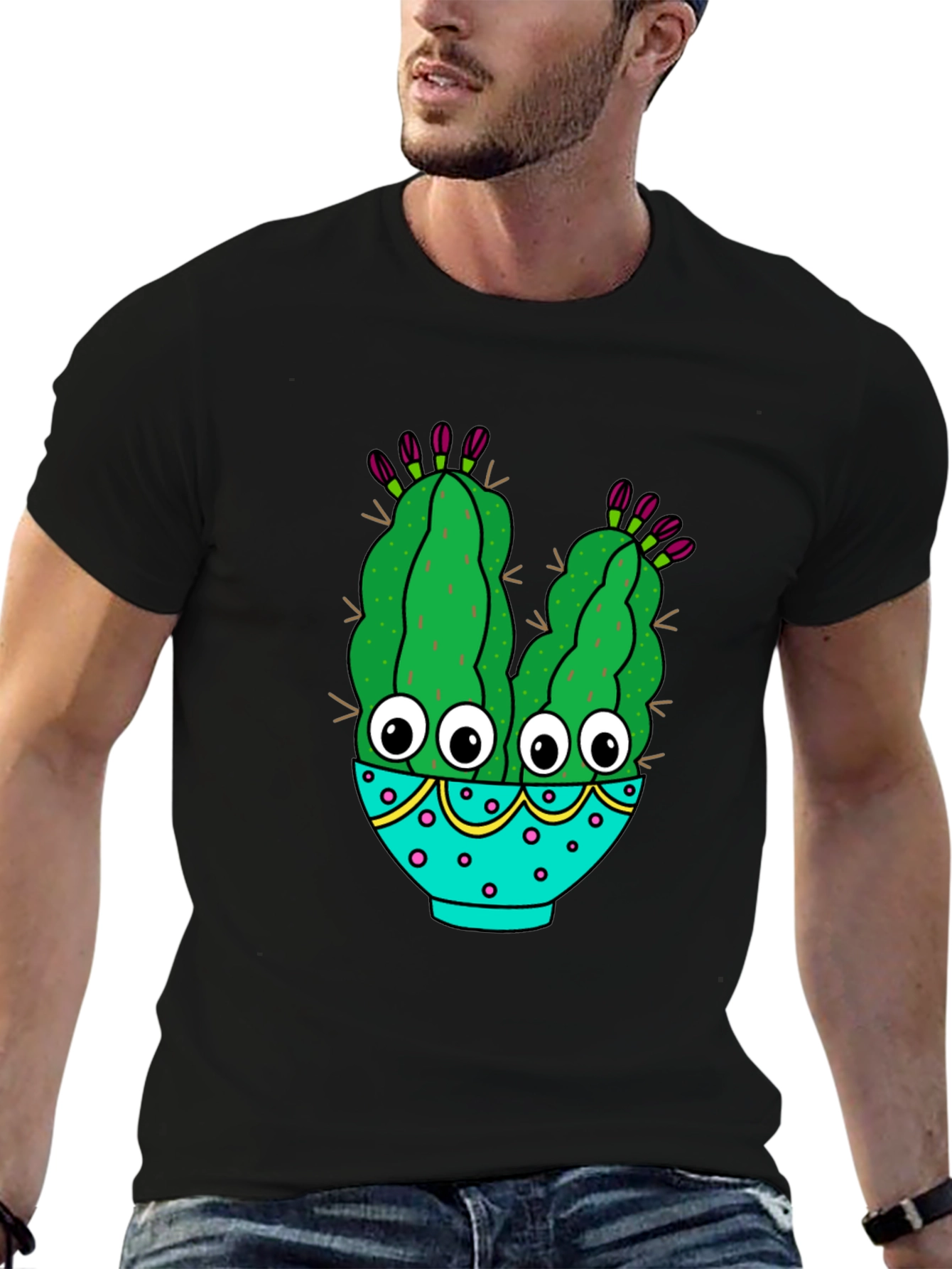 Black Funny Cactus Graphic T-Shirt - Black Cotton Blend view 6