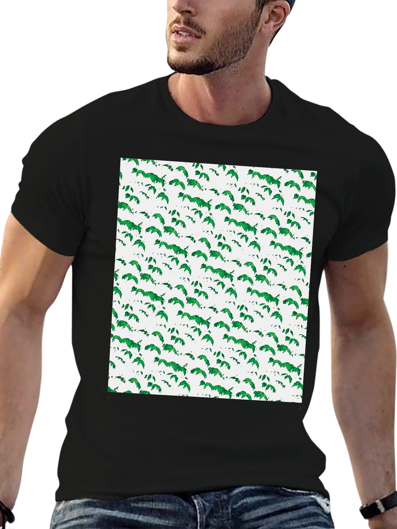 Black Green Leaf Pattern Black T-Shirt view 6