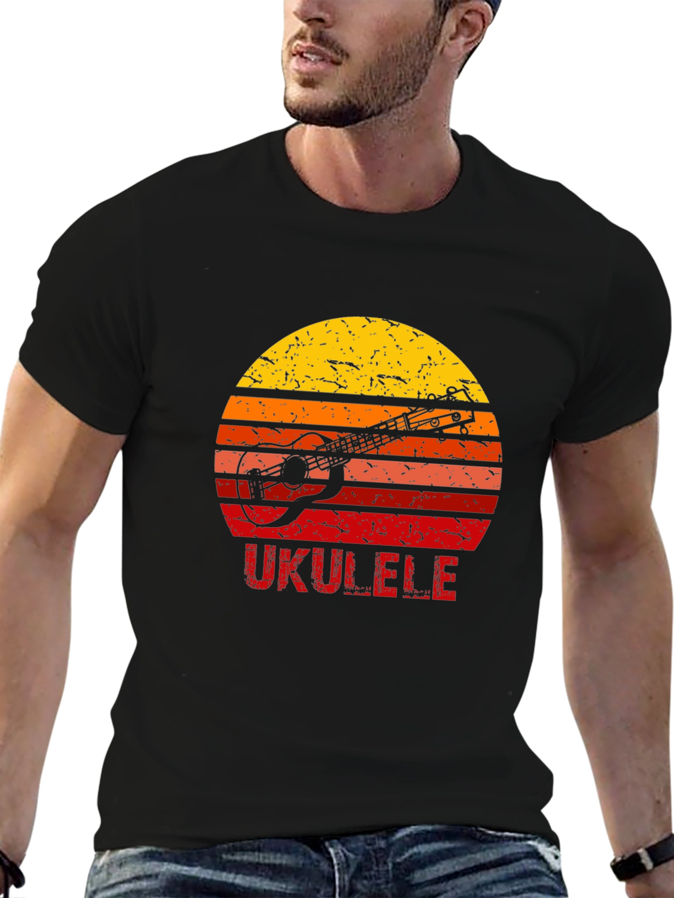 Black Vintage Ukulele Sunset Graphic T-Shirt view 6