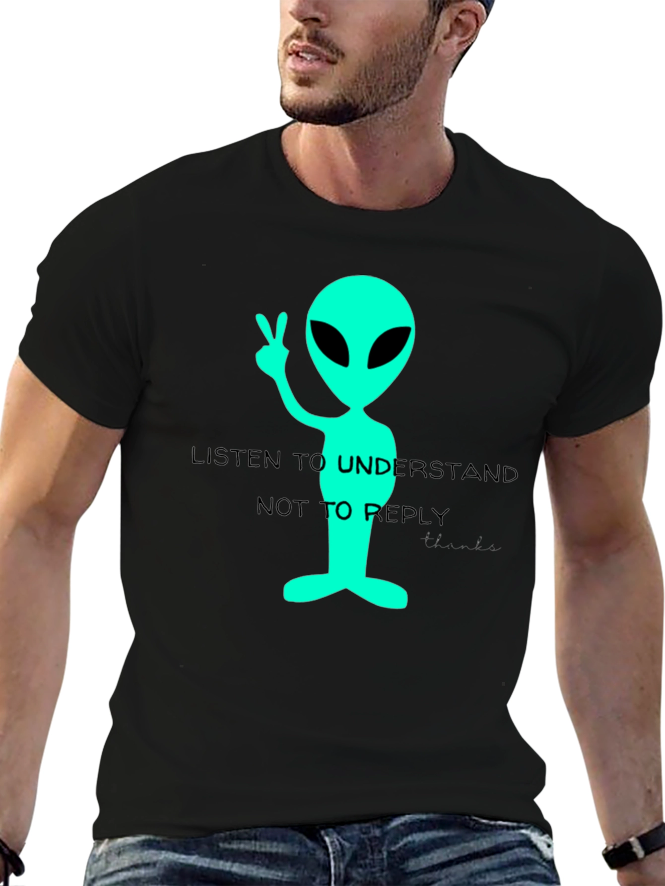 Black Alien Peace T-Shirt - Listen to Understand Tee view 6