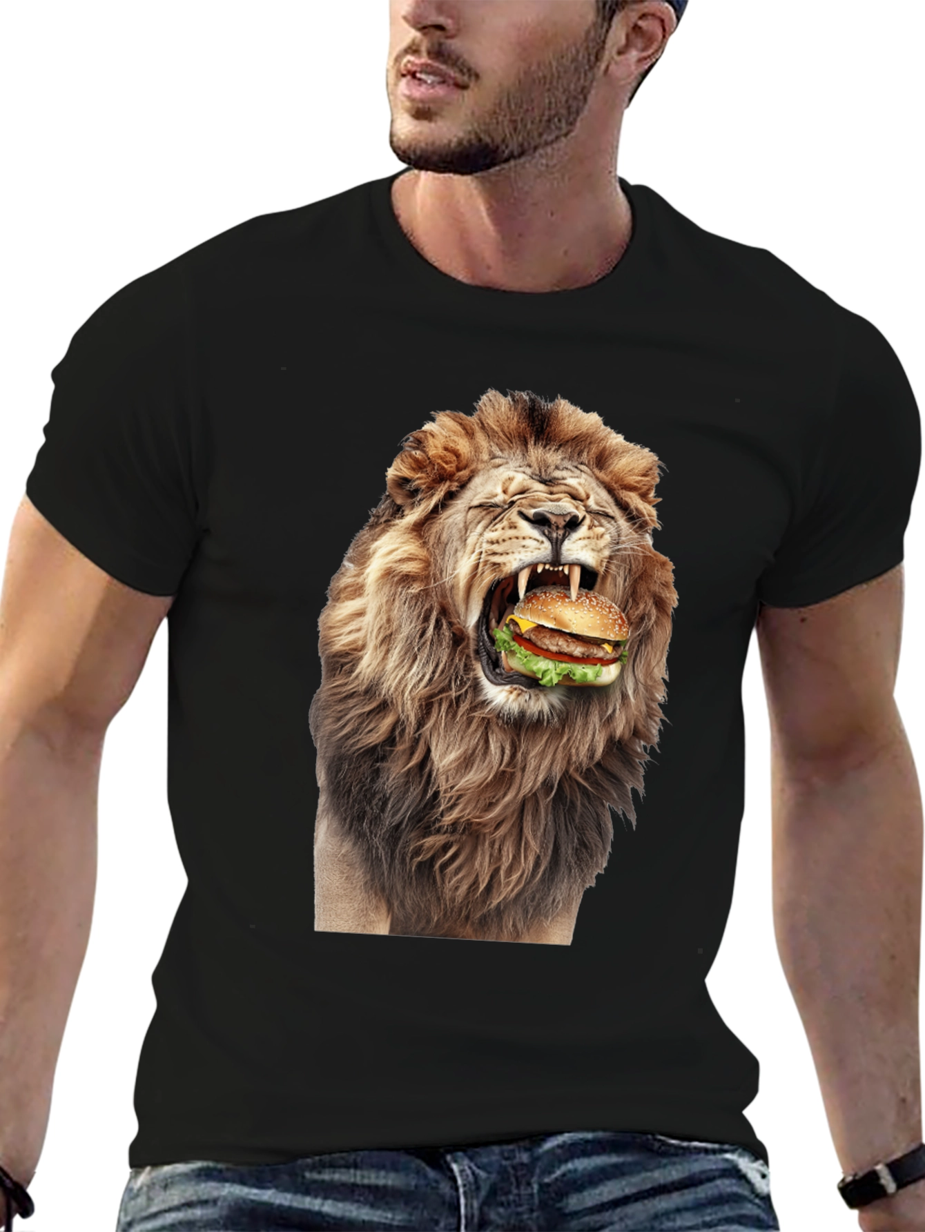 Black Lion Eating Burger Graphic T-Shirt - Black view 6