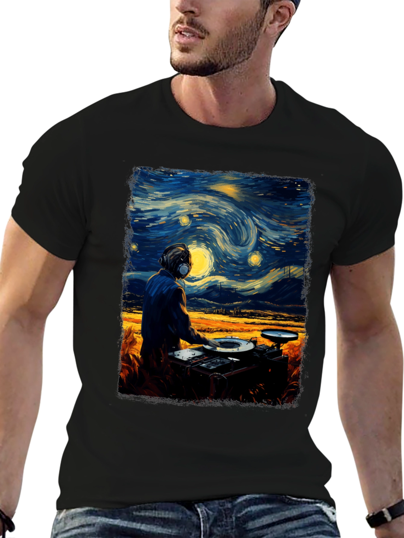 Black Starry Night DJ Graphic Tee - Cool Music Lover Shirt view 6