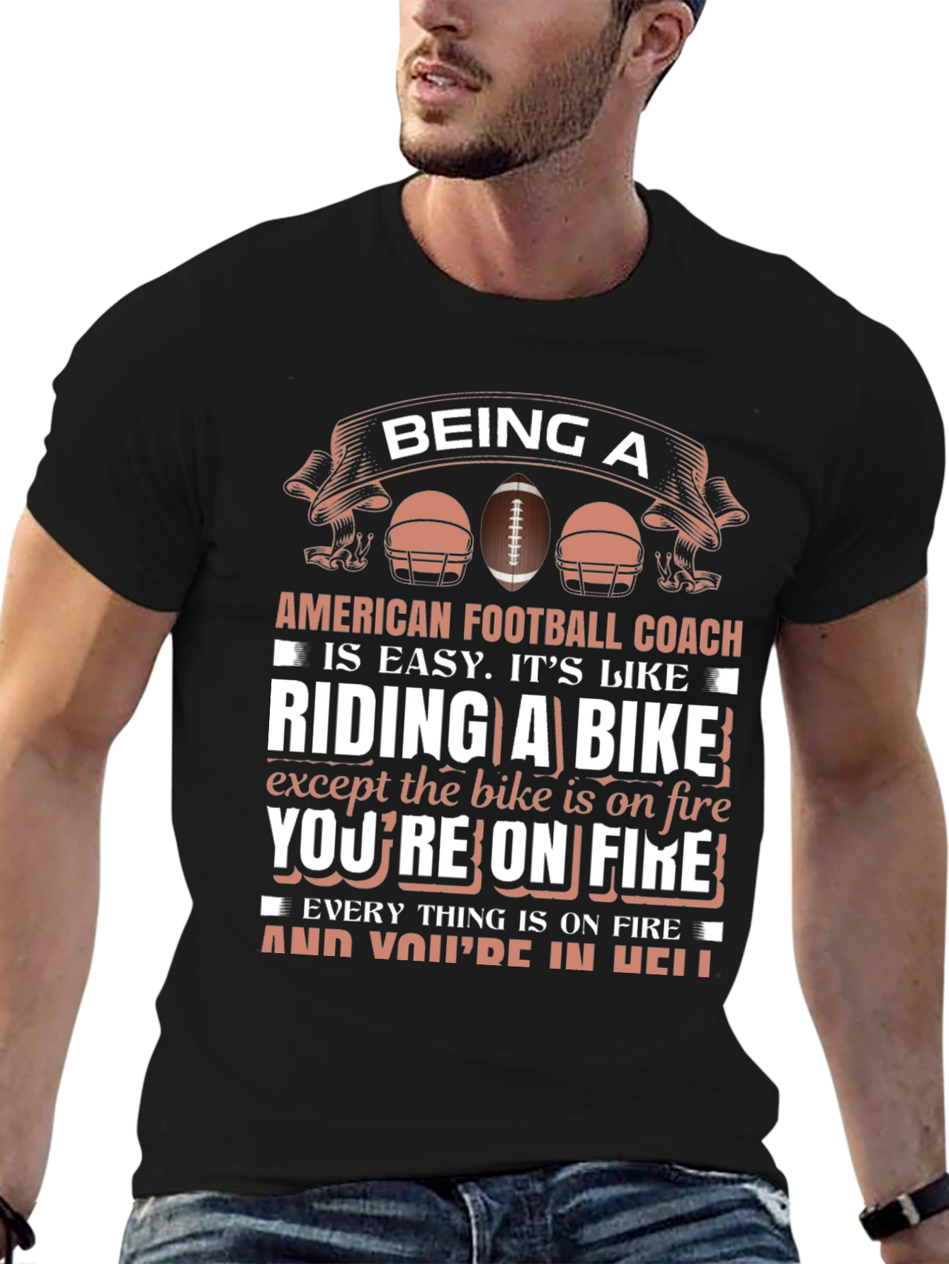 Black Football Coach T-Shirt: Riding a Bike on Fire view 6