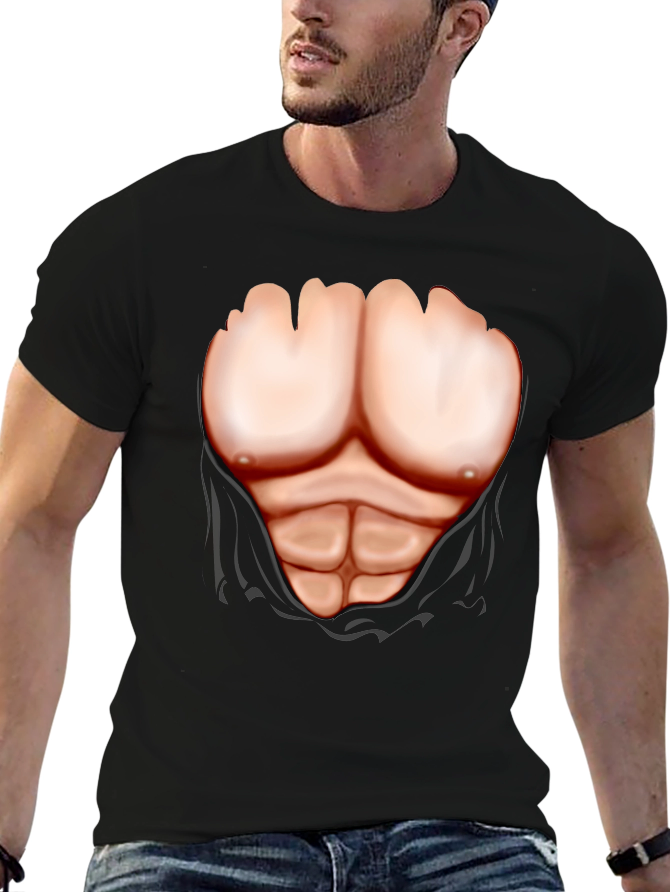 Black Muscle Chest Print T-Shirt - Black Novelty Tee view 6