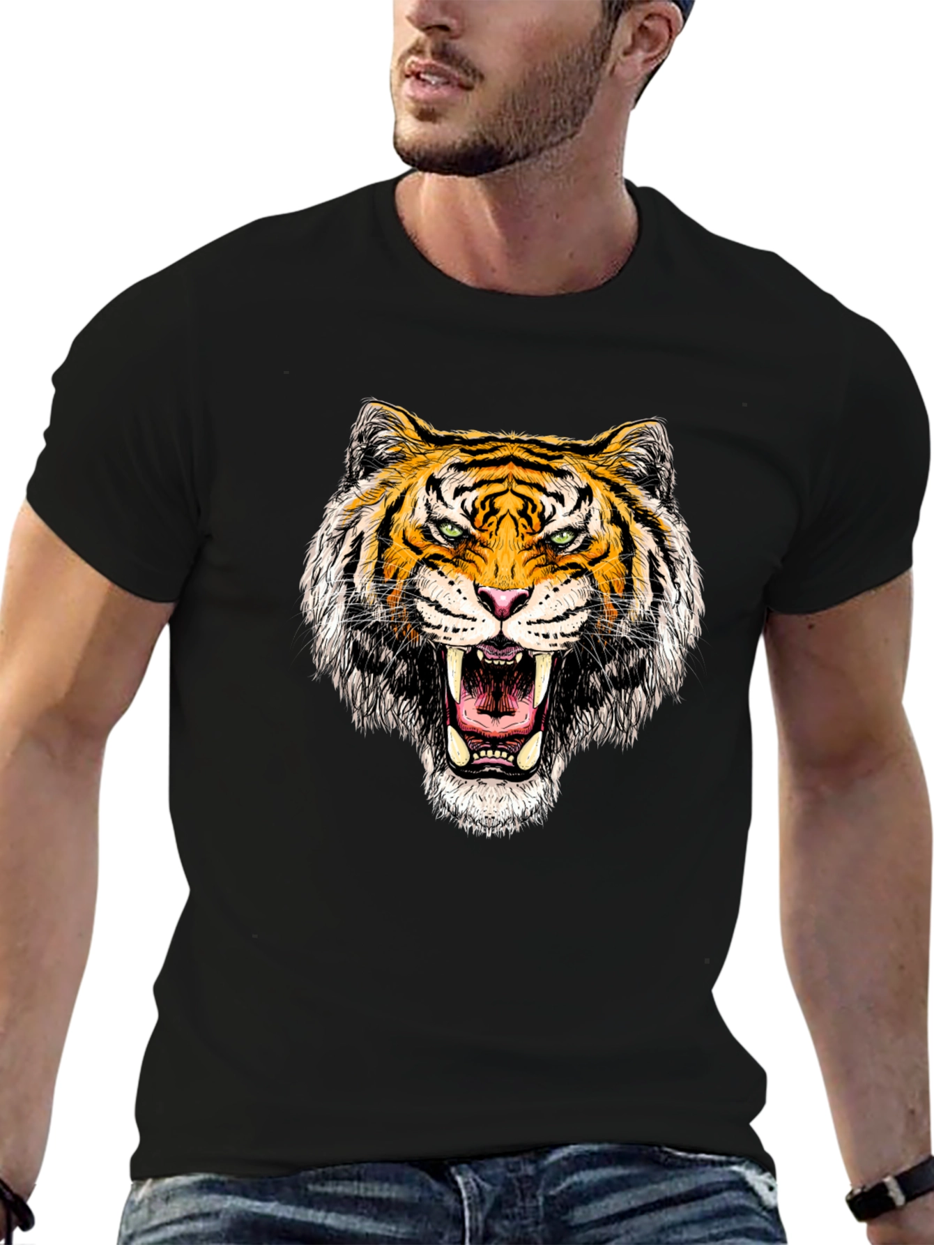Black Roaring Tiger Graphic Tee - Black Cotton T-Shirt view 6
