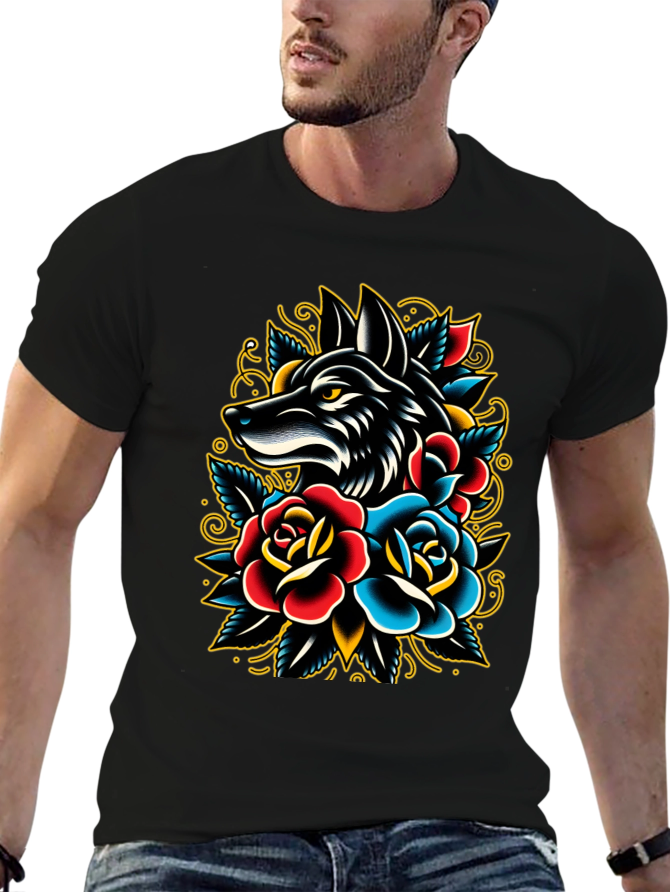 Black Wolf & Roses Graphic Tee - Classic Tattoo Style view 6