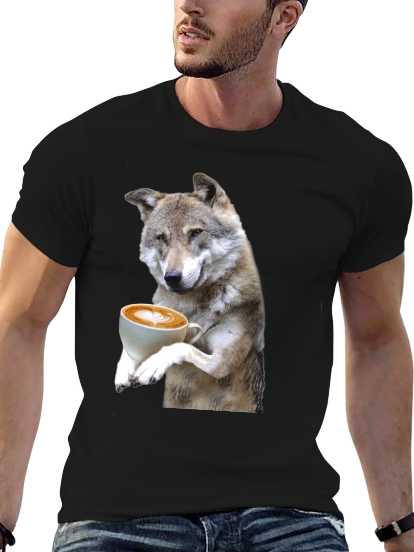 Black Wolf Drinking Coffee Graphic Tee view 6