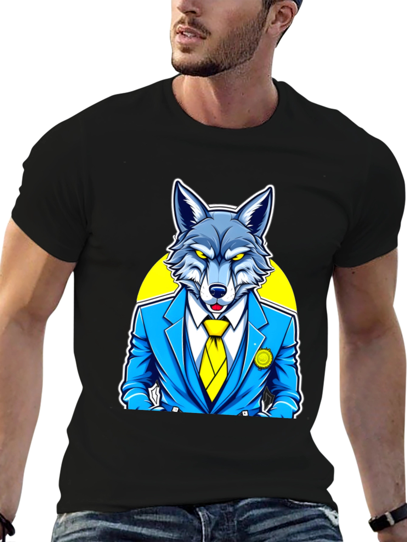 Black Wolf in Suit Graphic Tee - Cool Animal Cartoon Shirt view 6