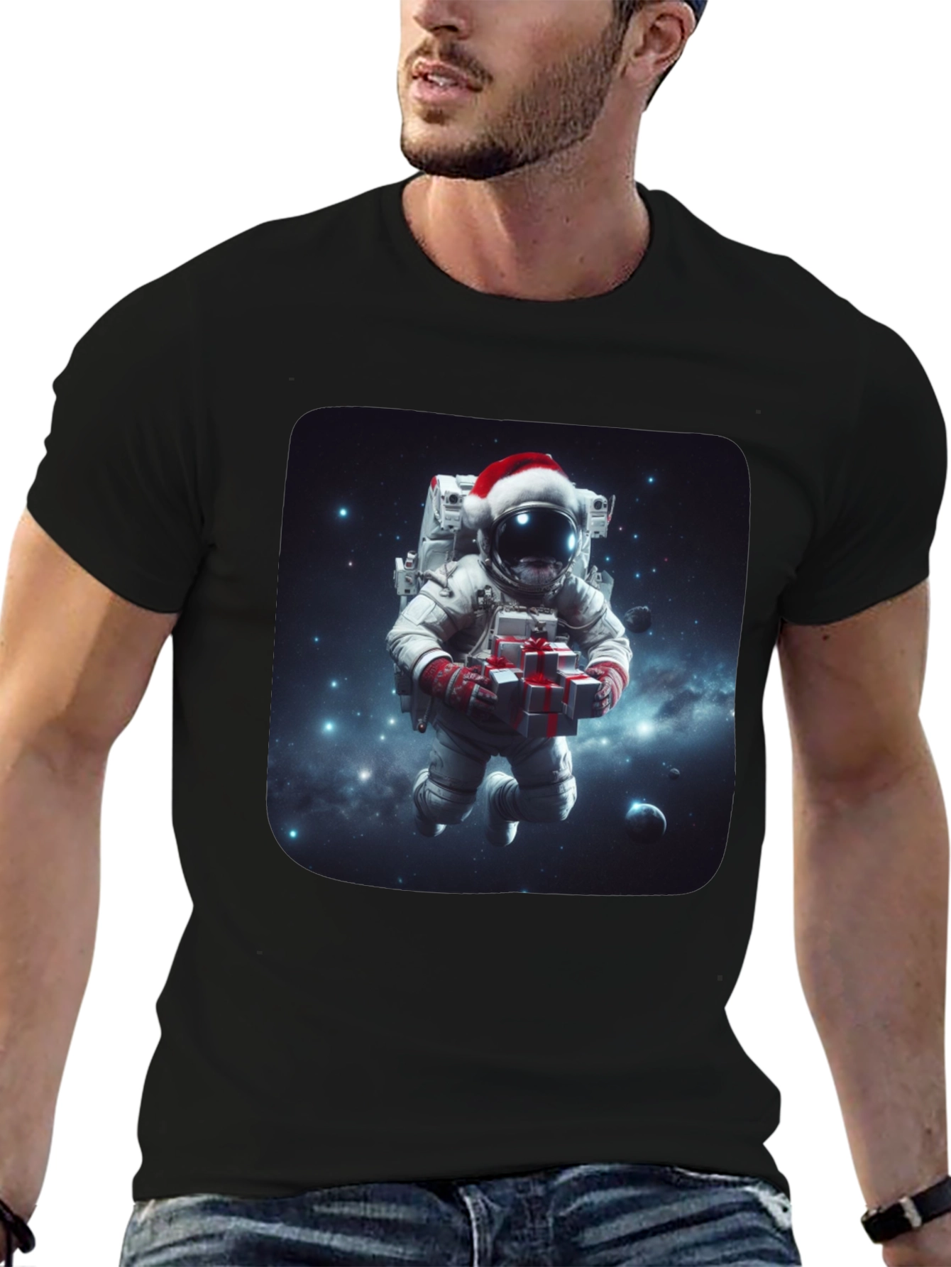 Black Festive Astronaut T-Shirt - Holiday Space Gift view 6