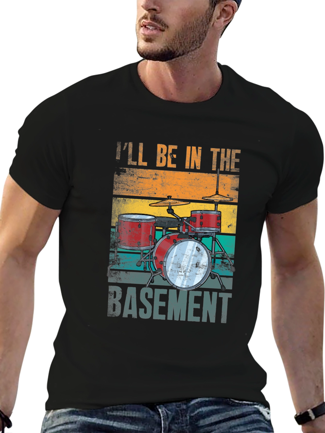 Black I'll Be in the Basement Drum Set T-Shirt view 6