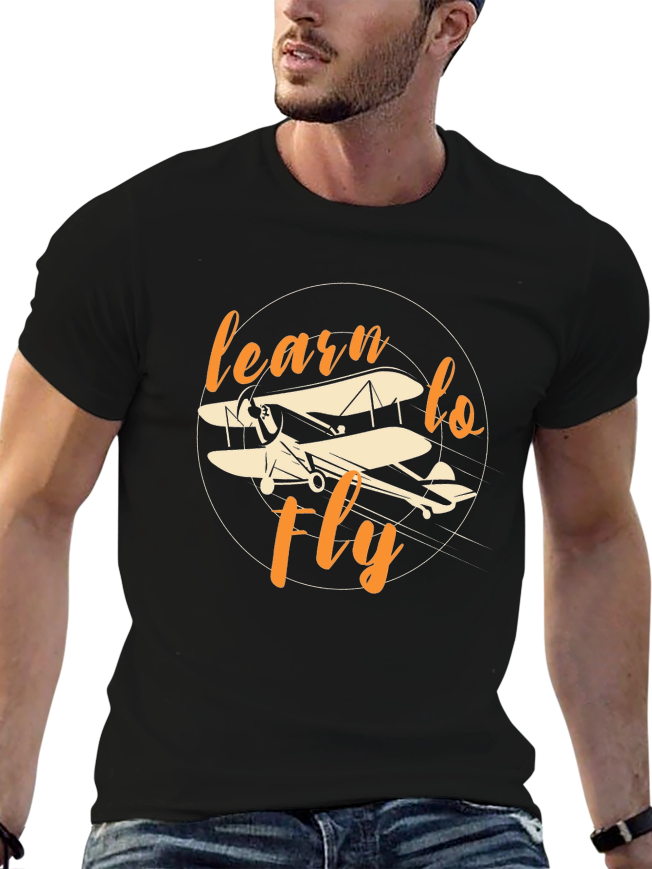 Black Learn to Fly Vintage Biplane Graphic T-Shirt view 6