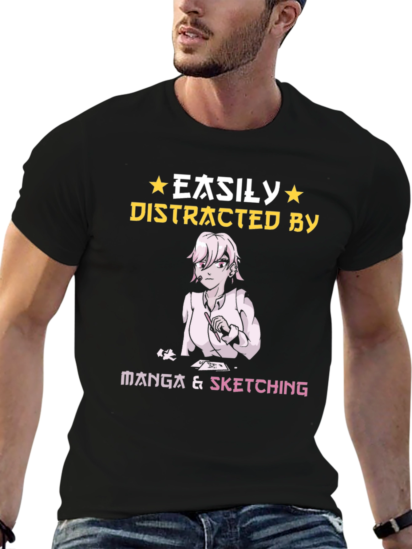 Black Easily Distracted by Manga & Sketching T-Shirt view 6